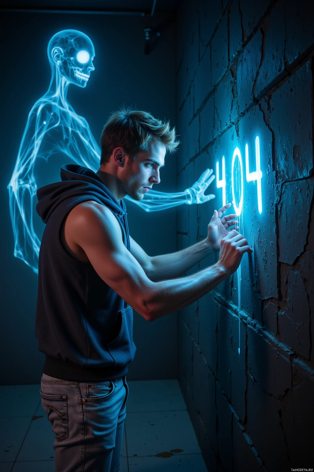 A man in a hoodie interacts with a glowing skeleton and the number "404" on a brick wall.