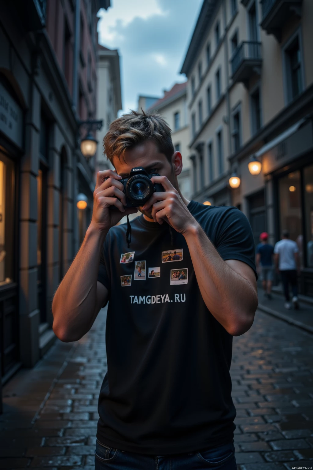 A person takes a photo in a narrow street with buildings on either side.