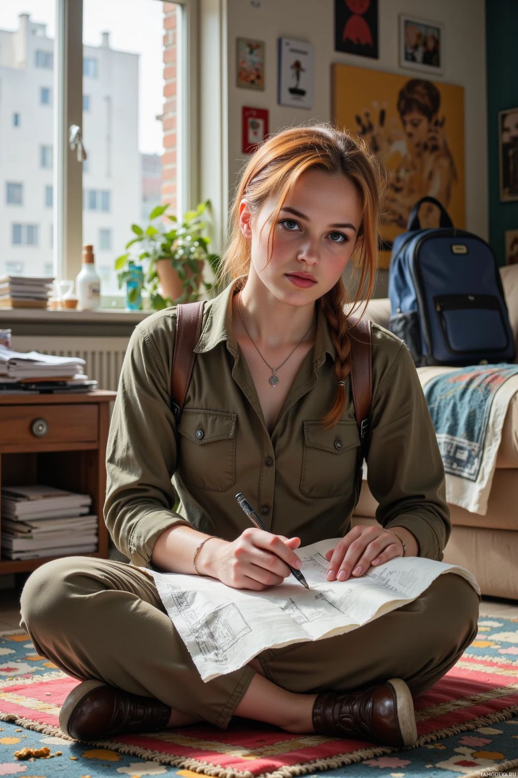 A young person sits cross-legged on a patterned rug, writing in a notebook with a pen.