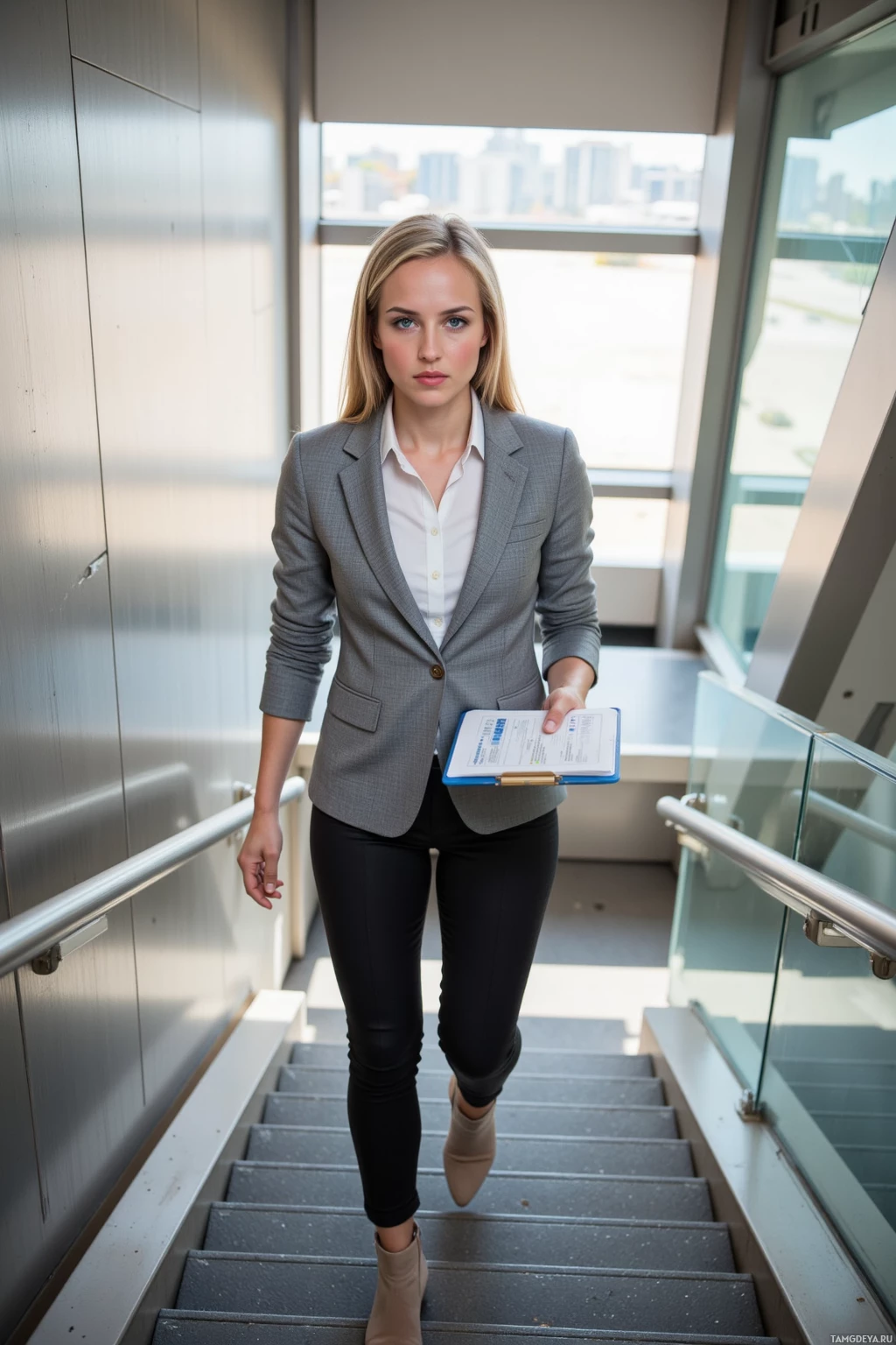 A woman in a business suit walks down a staircase holding a folder.