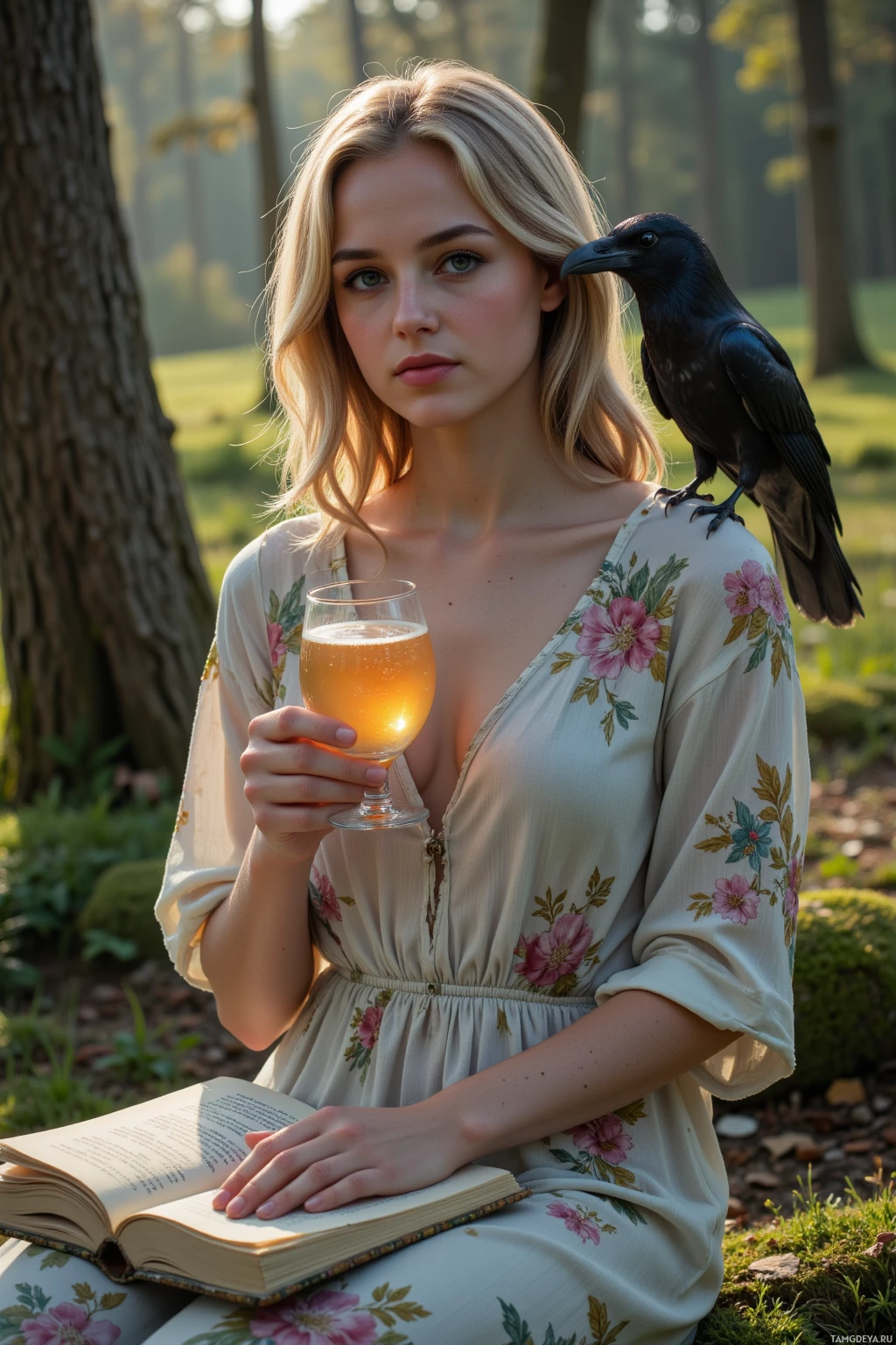 A woman in a floral dress holds a glass of beer and an open book, with a crow perched on her shoulder in a forest setting.