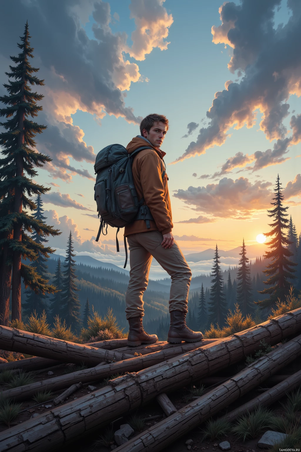A hiker stands on a log overlooking a scenic mountain landscape at sunset.