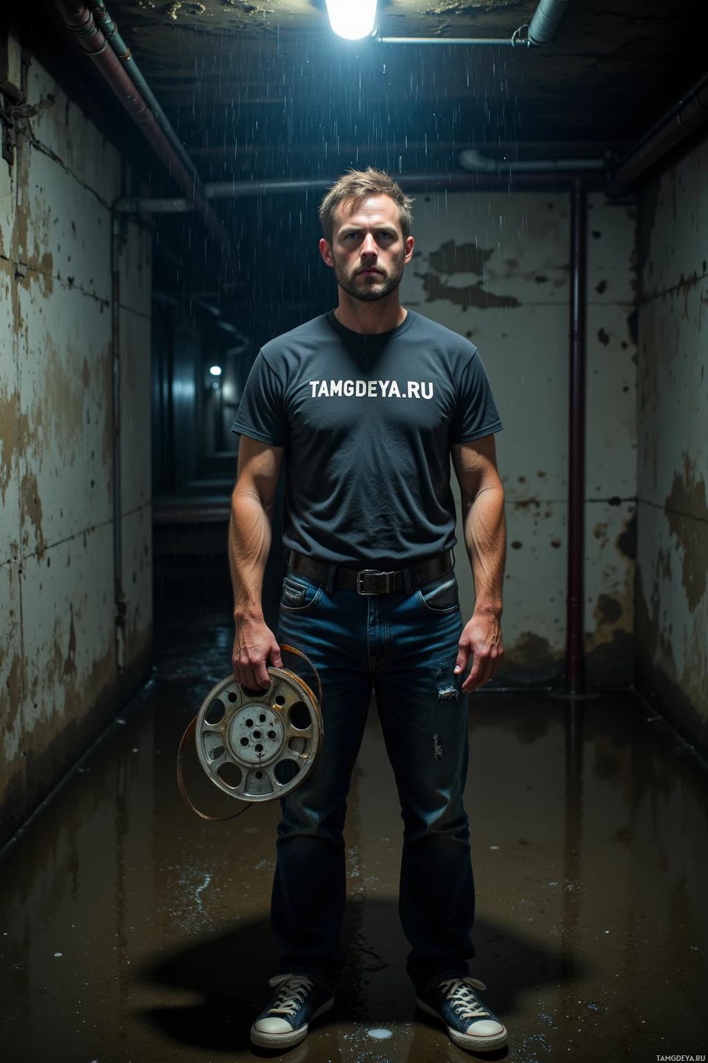 A man stands in a dimly lit, rainy corridor holding a film reel.