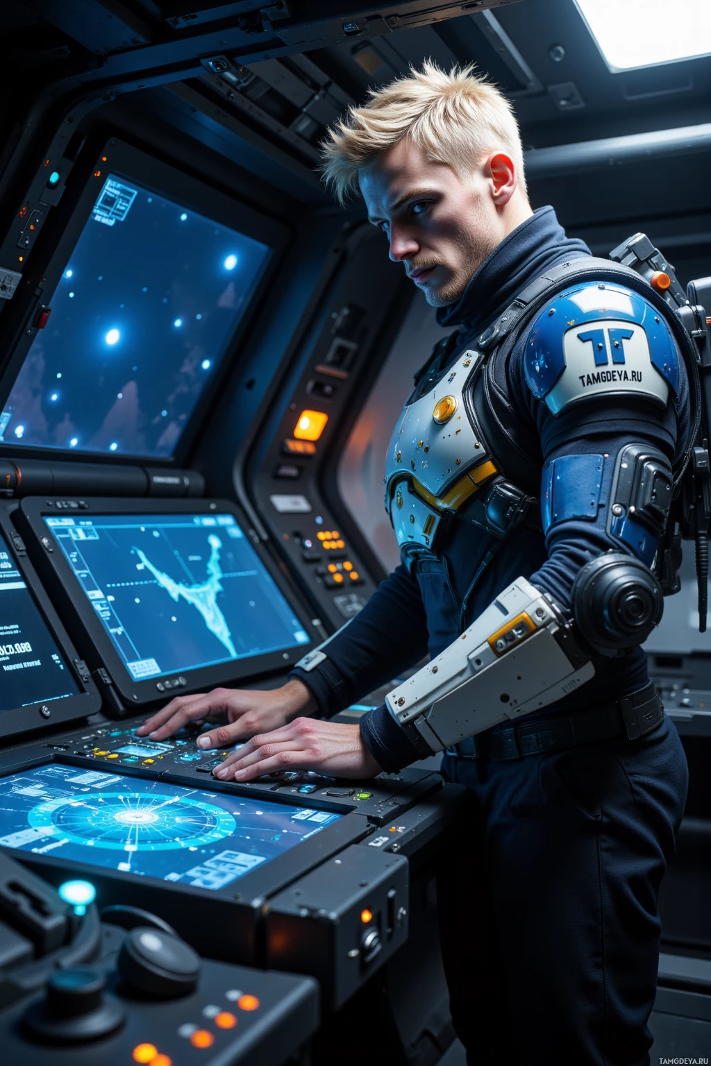 A person in futuristic armor operates a high-tech control panel in a spacecraft.