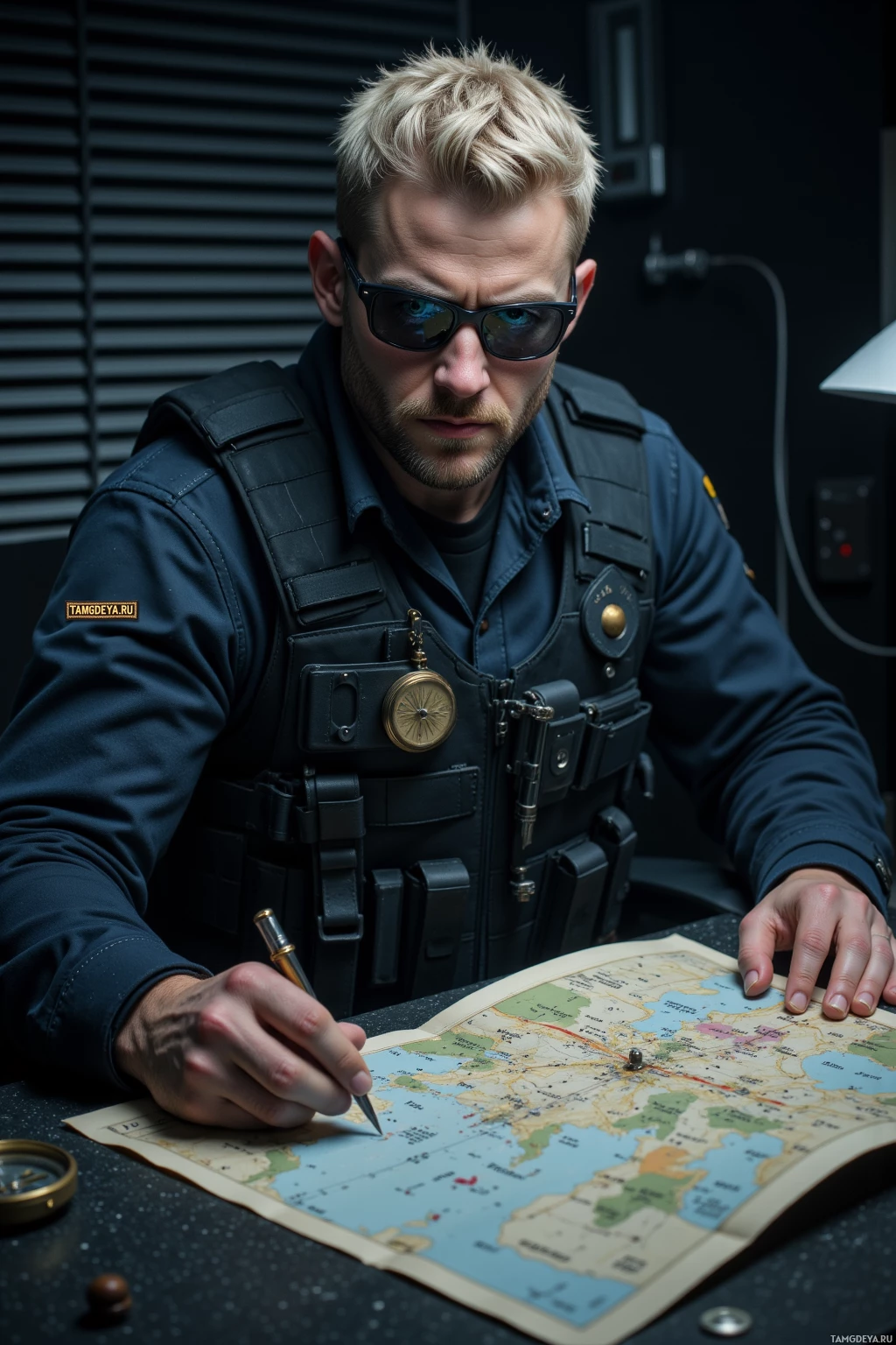 A person in tactical gear is examining a map and writing notes.