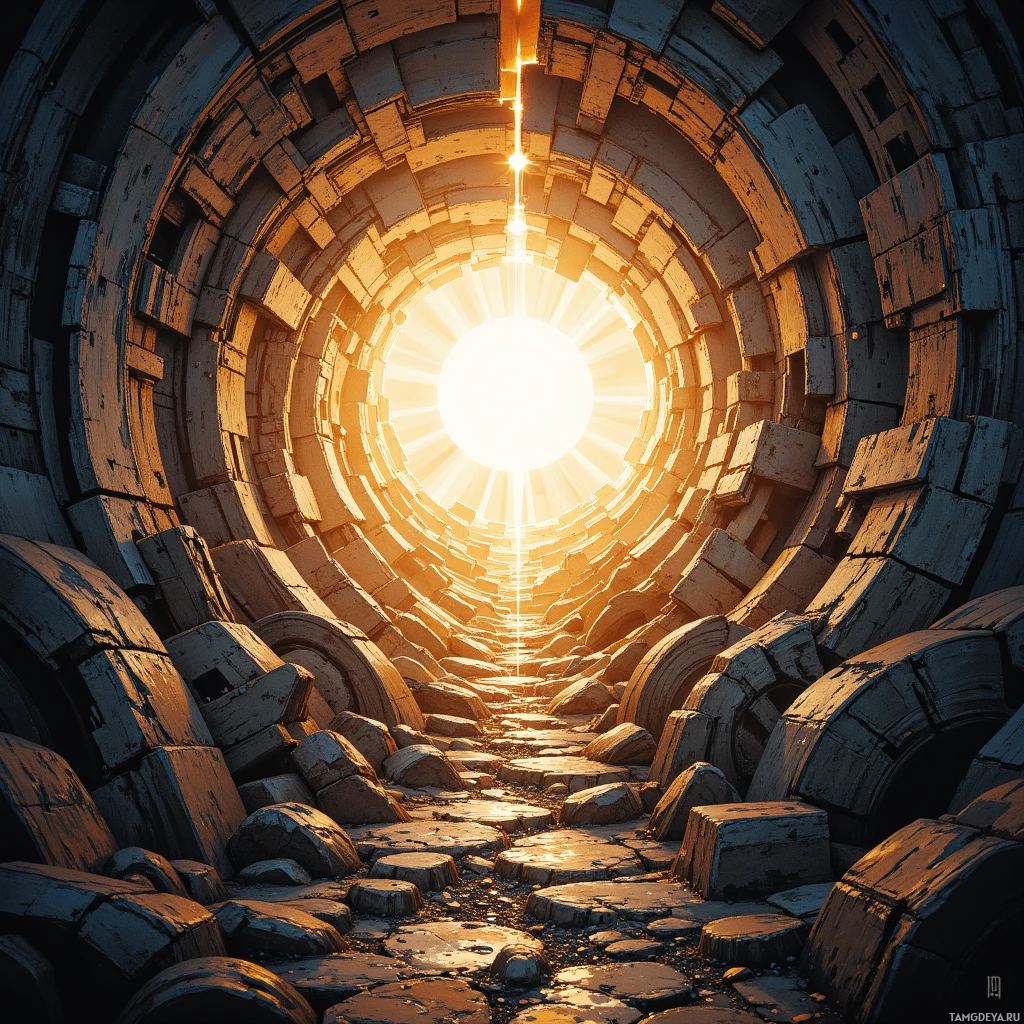 A sunlit, ancient stone tunnel leading towards a bright light at the end.