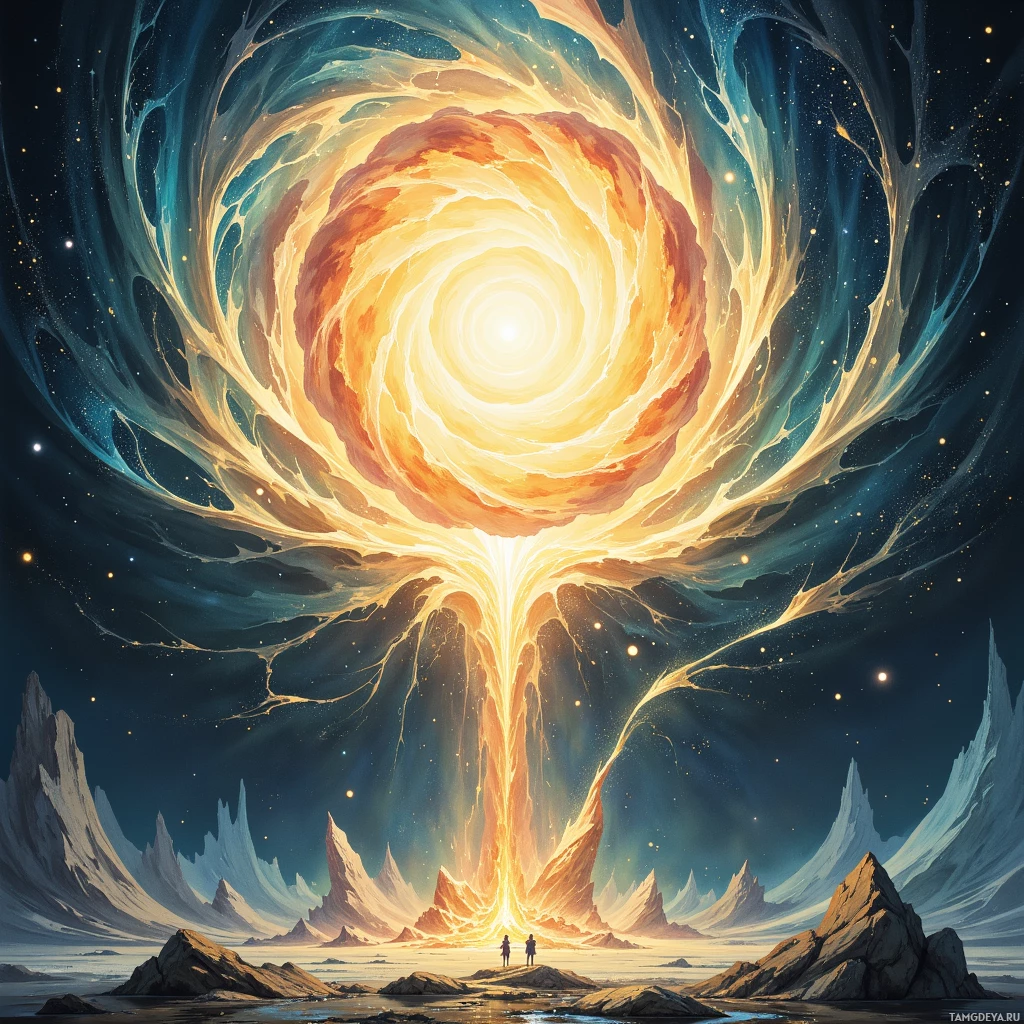 A vibrant cosmic scene featuring a swirling galaxy with a bright central light, surrounded by starry space and jagged mountain peaks.