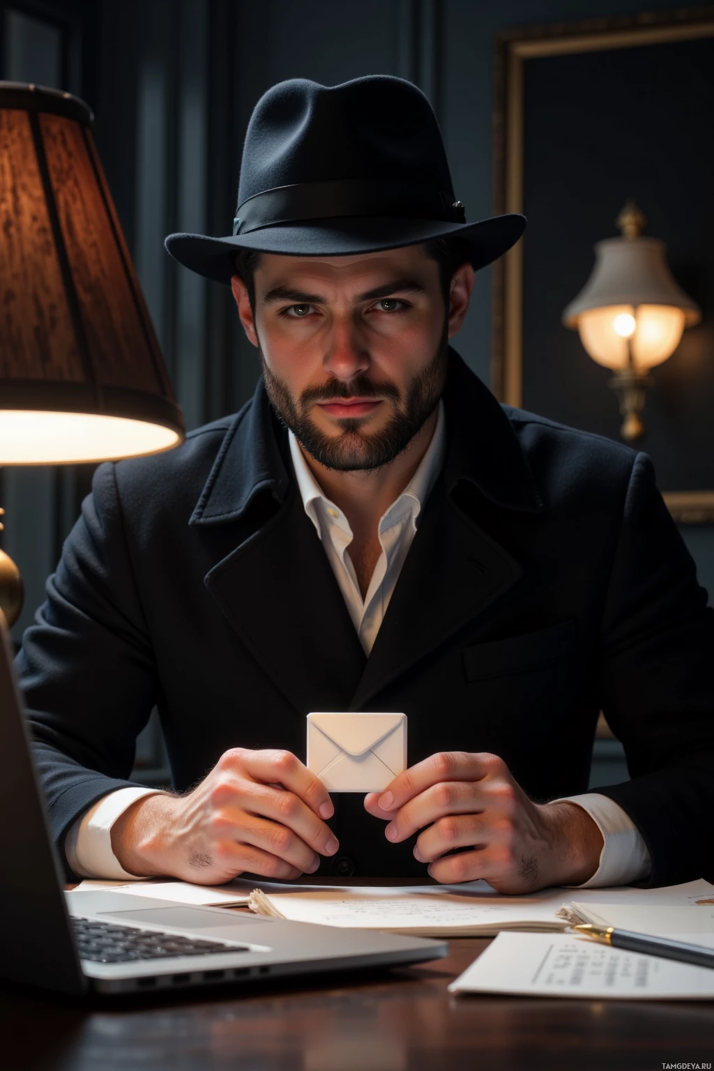 A man in a suit and hat sits at a desk with a laptop, holding an envelope.