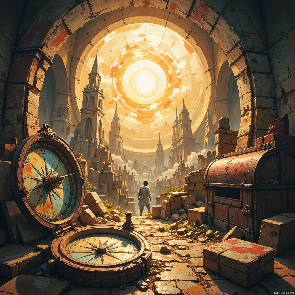 A compass lies on a stone path leading to a grand, sunlit cathedral with towering spires.