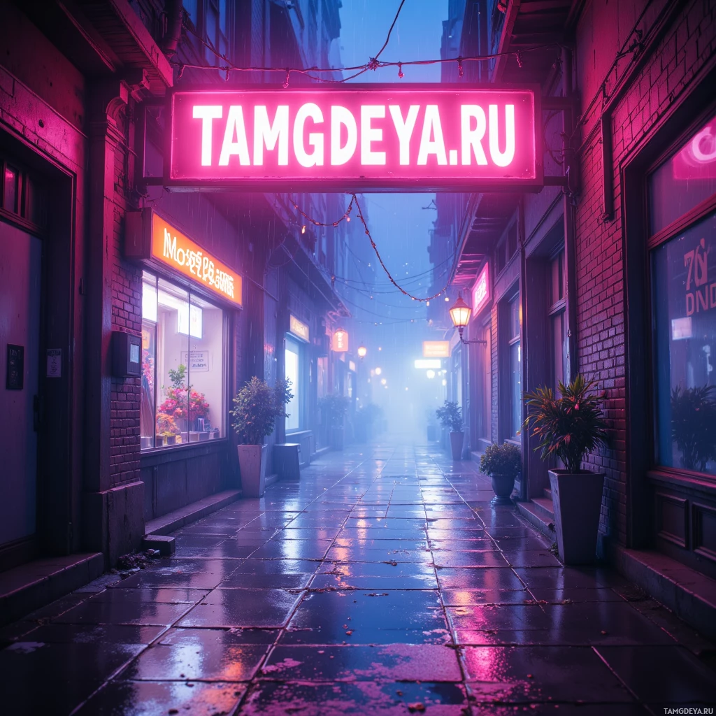 A neon-lit alleyway with a prominent sign reading "TAMGDEYA.RU" in pink, surrounded by brick buildings and potted plants.