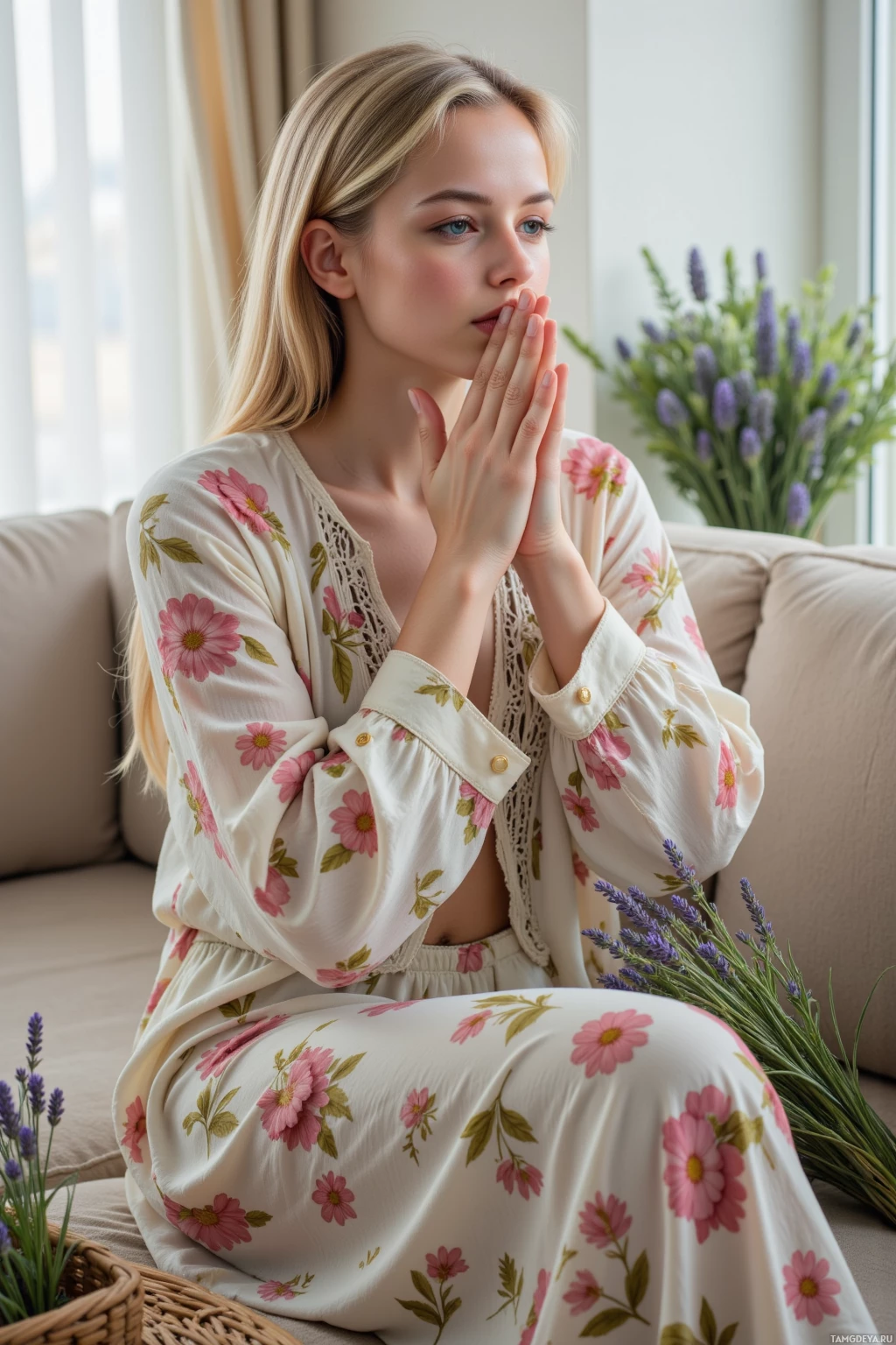 A woman in a floral dress sits on a couch, hands clasped near her face.