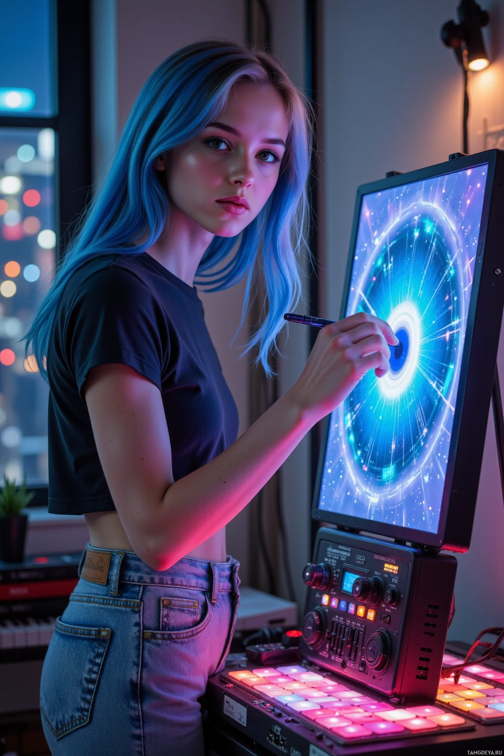 A person with blue hair stands in front of a glowing, futuristic display.