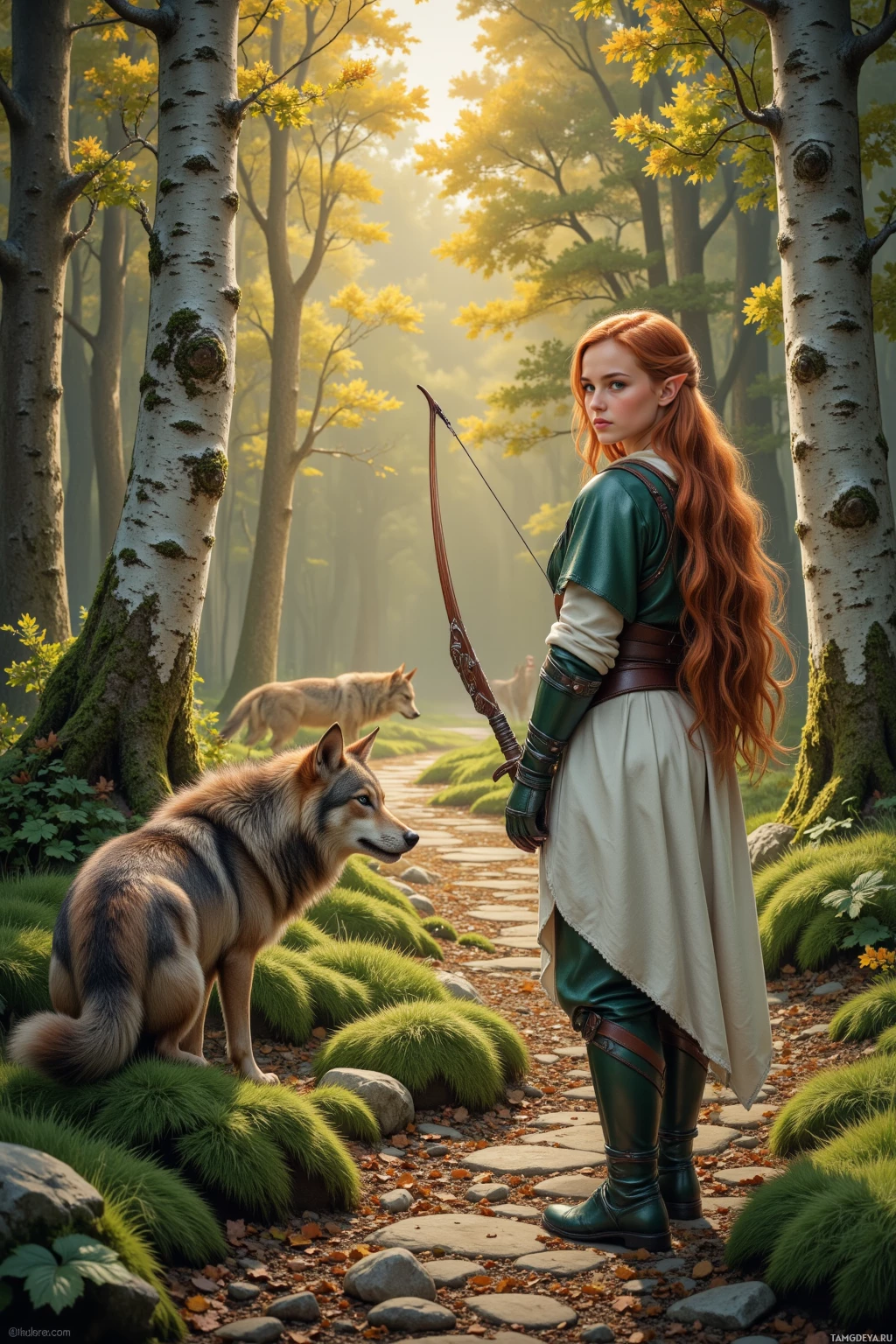 A woman with long red hair stands in a forest, holding a bow, with a wolf by her side.