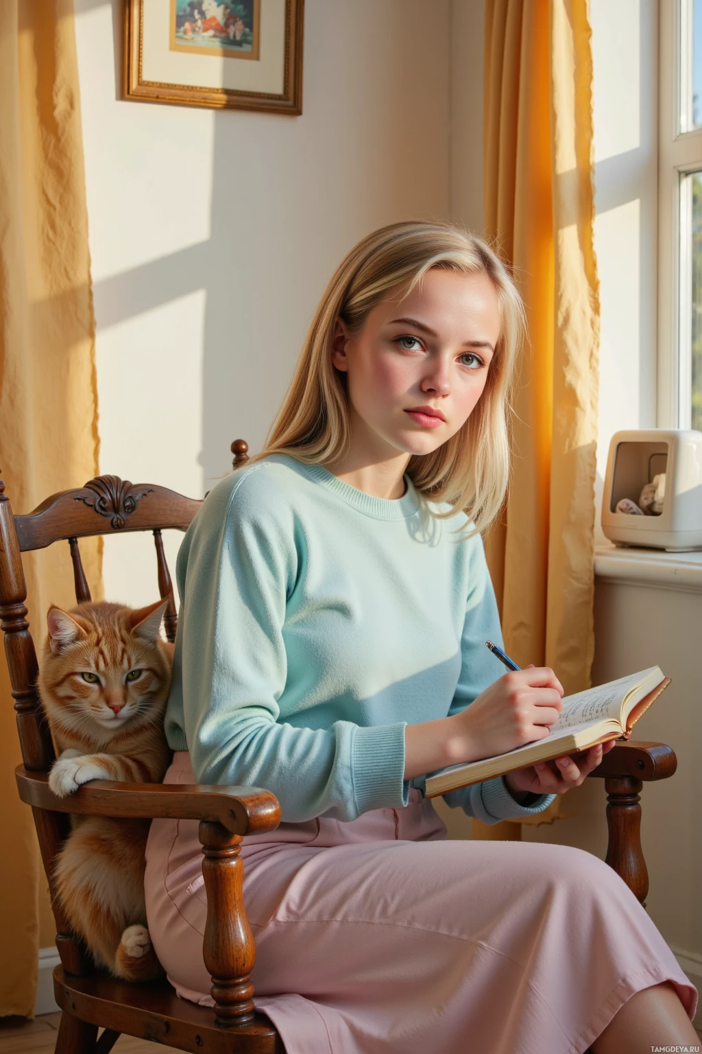 A person sits in a chair with a cat, writing in a notebook.