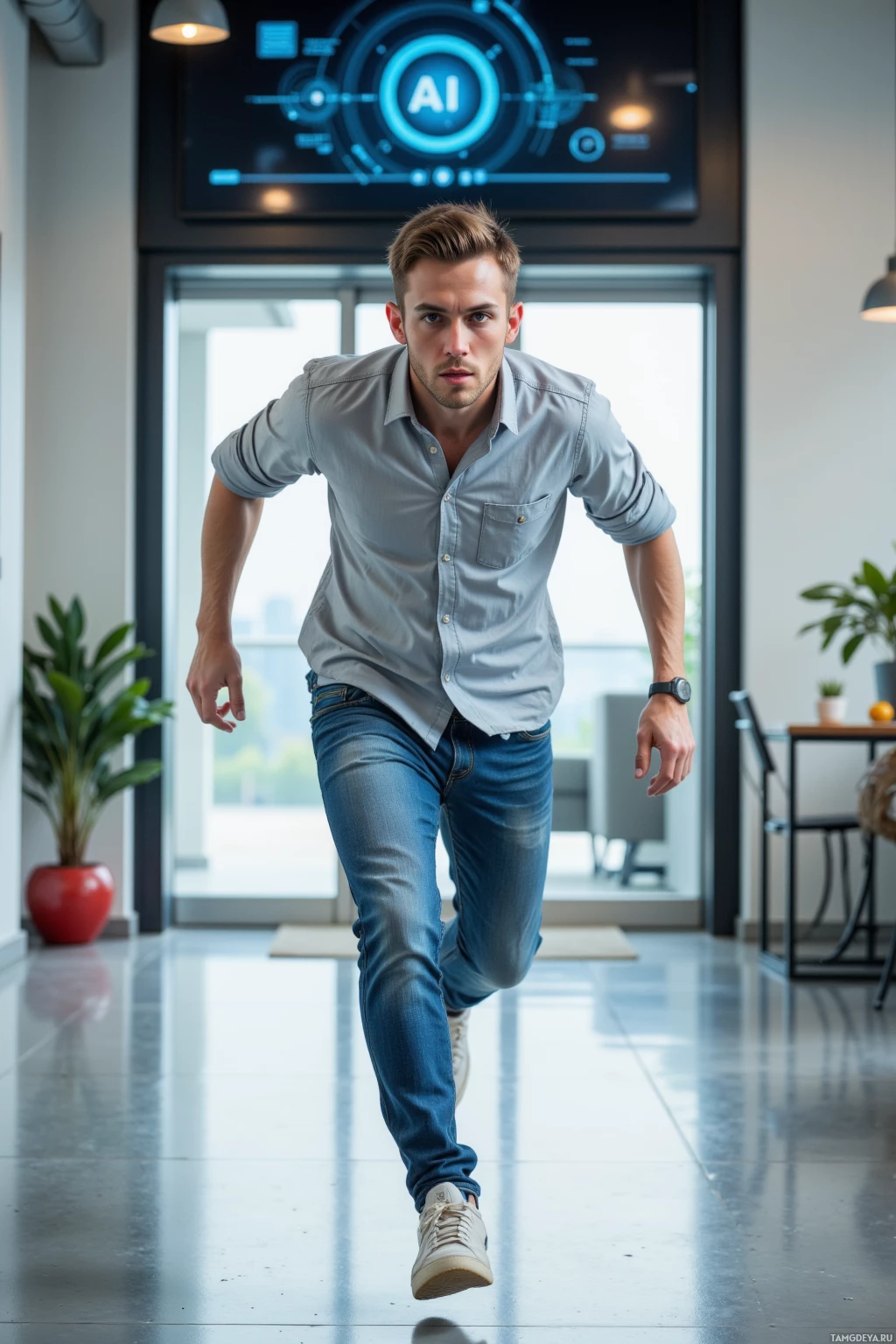 A man in a light gray shirt and jeans runs indoors, with a modern digital display in the background.