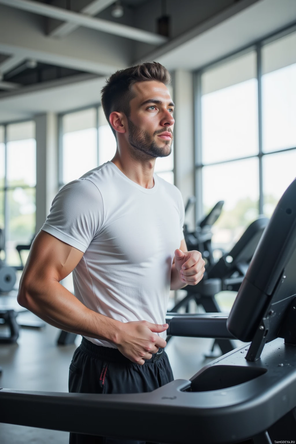 A man is running on a treadmill in a gym.