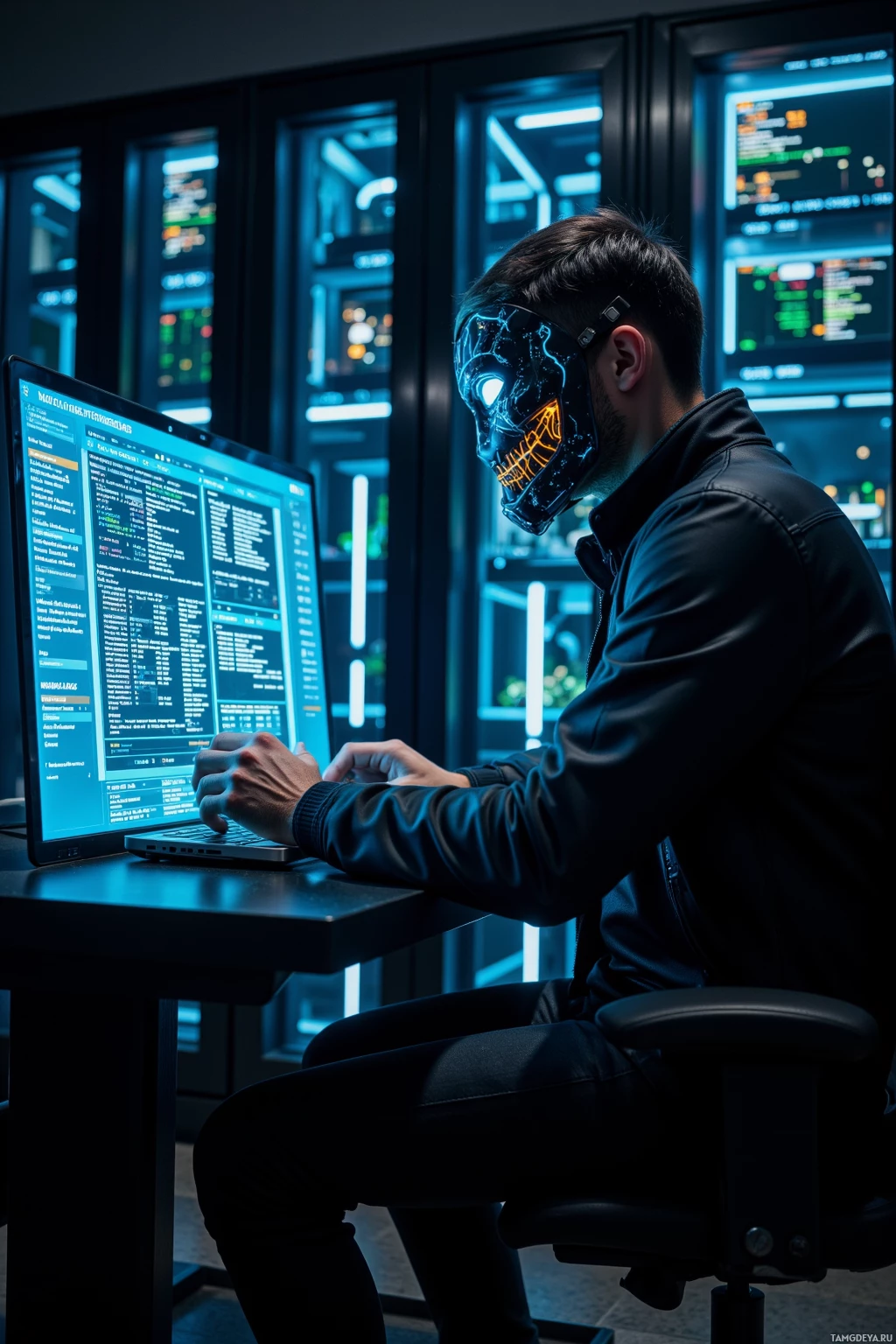 A person wearing a glowing mask works on a laptop in a dimly lit room with multiple monitors displaying code.
