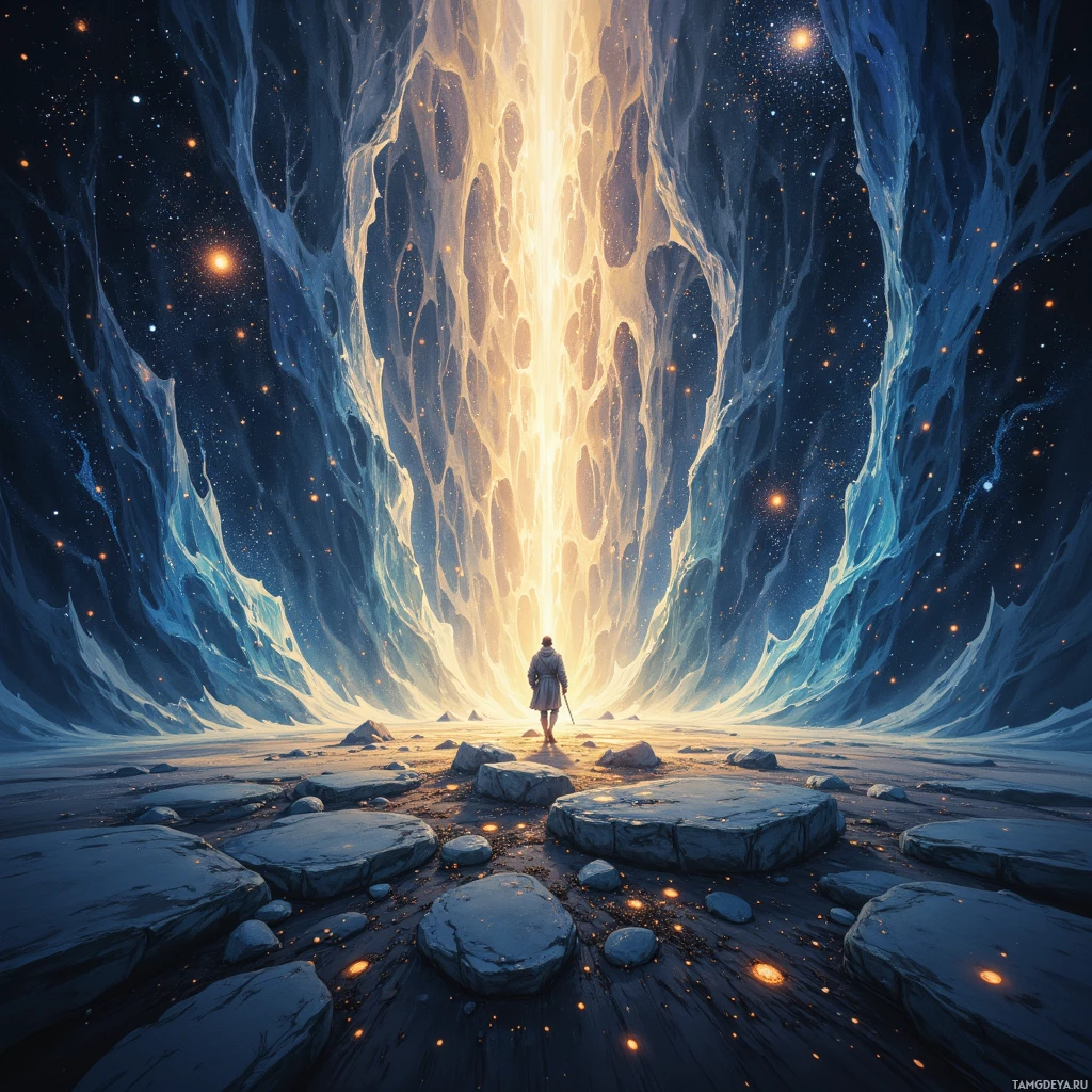 A lone figure stands at the entrance of a glowing, cosmic portal amidst a starry night sky.