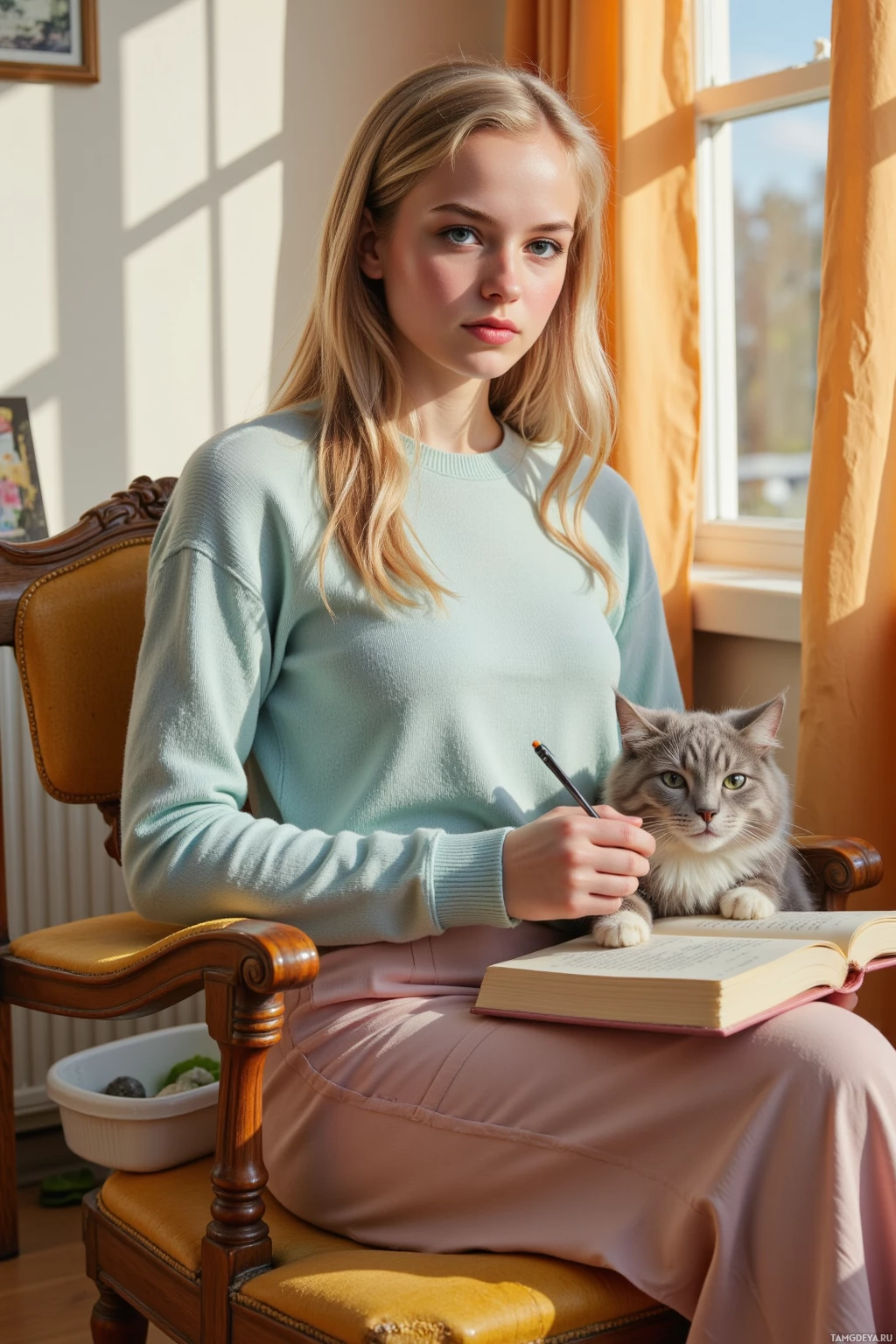 A person in a light blue sweater sits on a chair with a cat on their lap, holding a pen and looking at the camera.