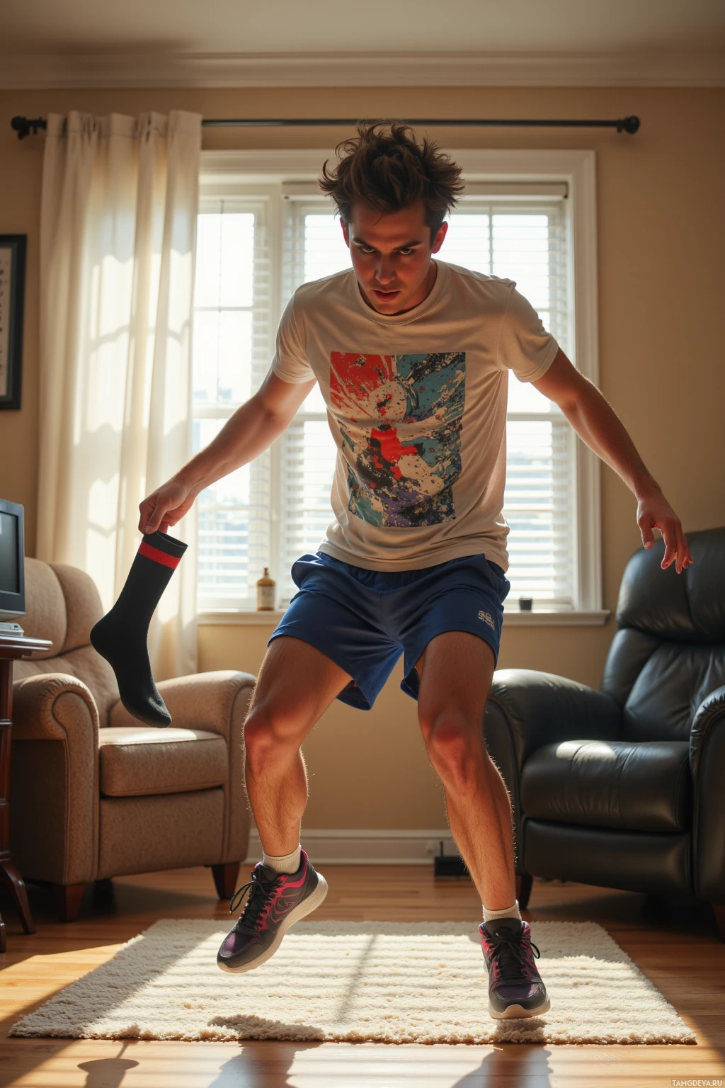 A person is mid-jump in a living room, wearing athletic attire.