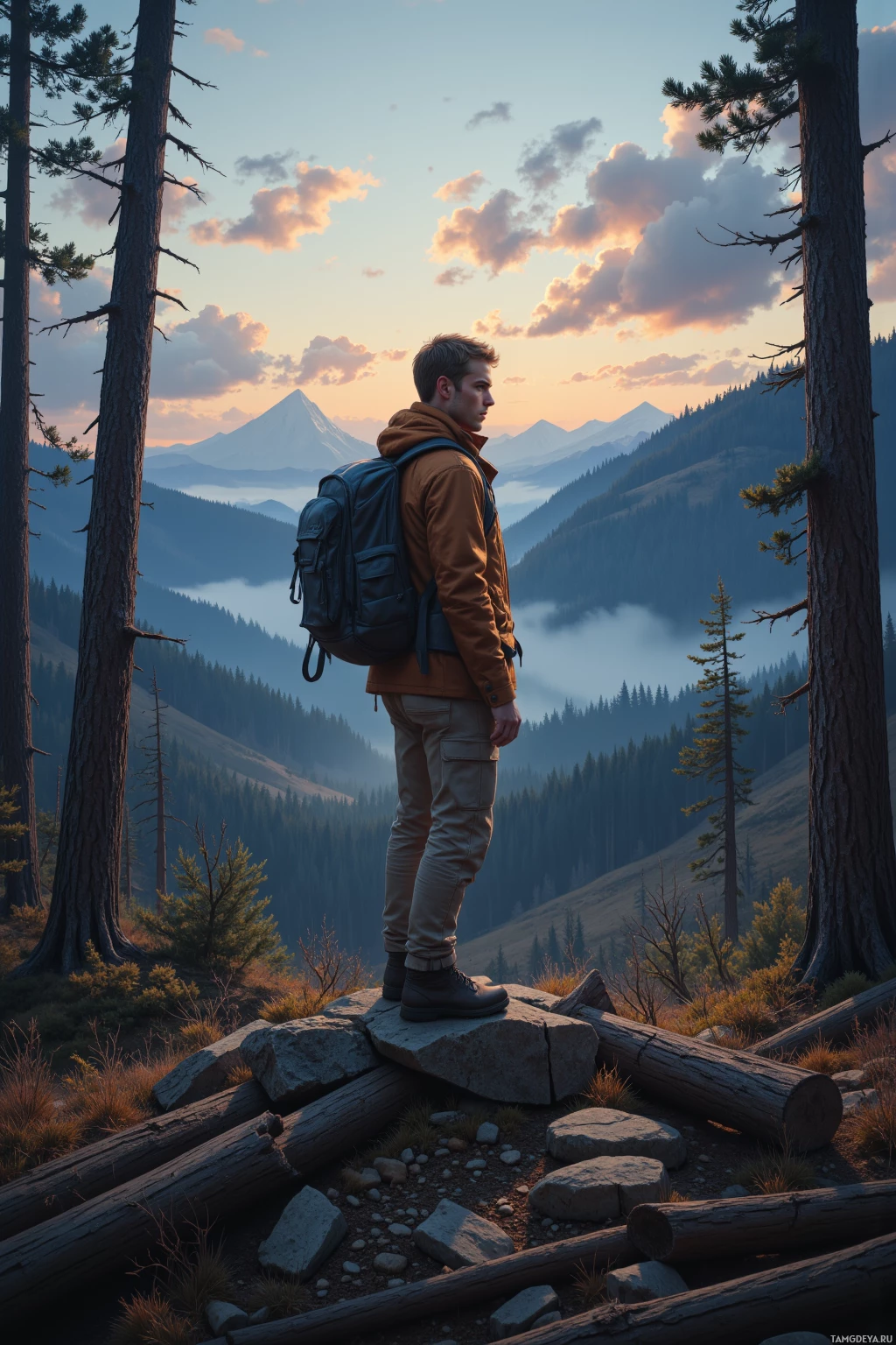 A person stands on a rocky outcrop, gazing at a scenic mountain landscape at sunset.