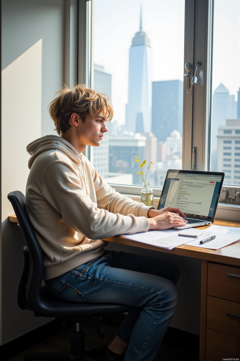 A person sits at a desk in front of a window with a cityscape view, working on a laptop.
