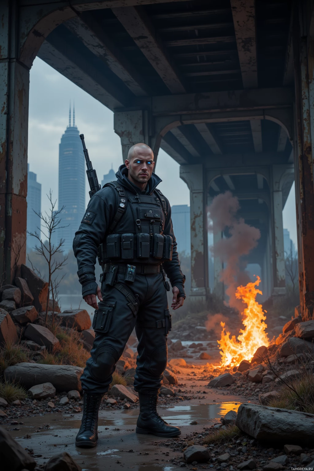 A soldier in tactical gear stands under a bridge with a city skyline and a fire in the background.