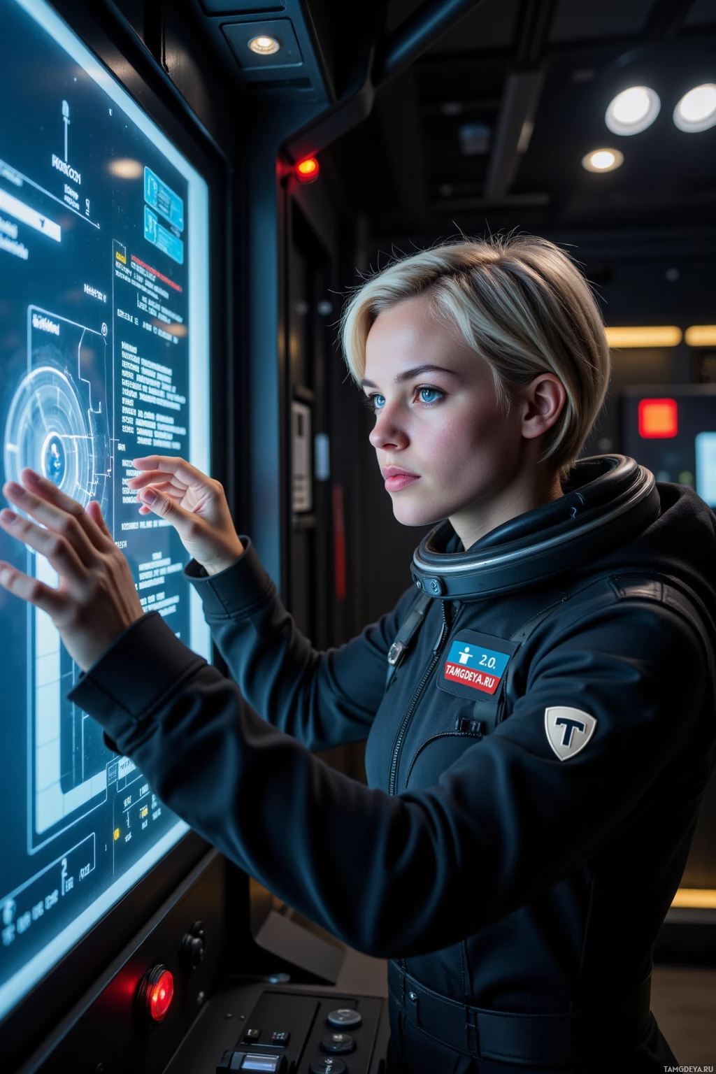 A person in a futuristic uniform interacts with a high-tech control panel.