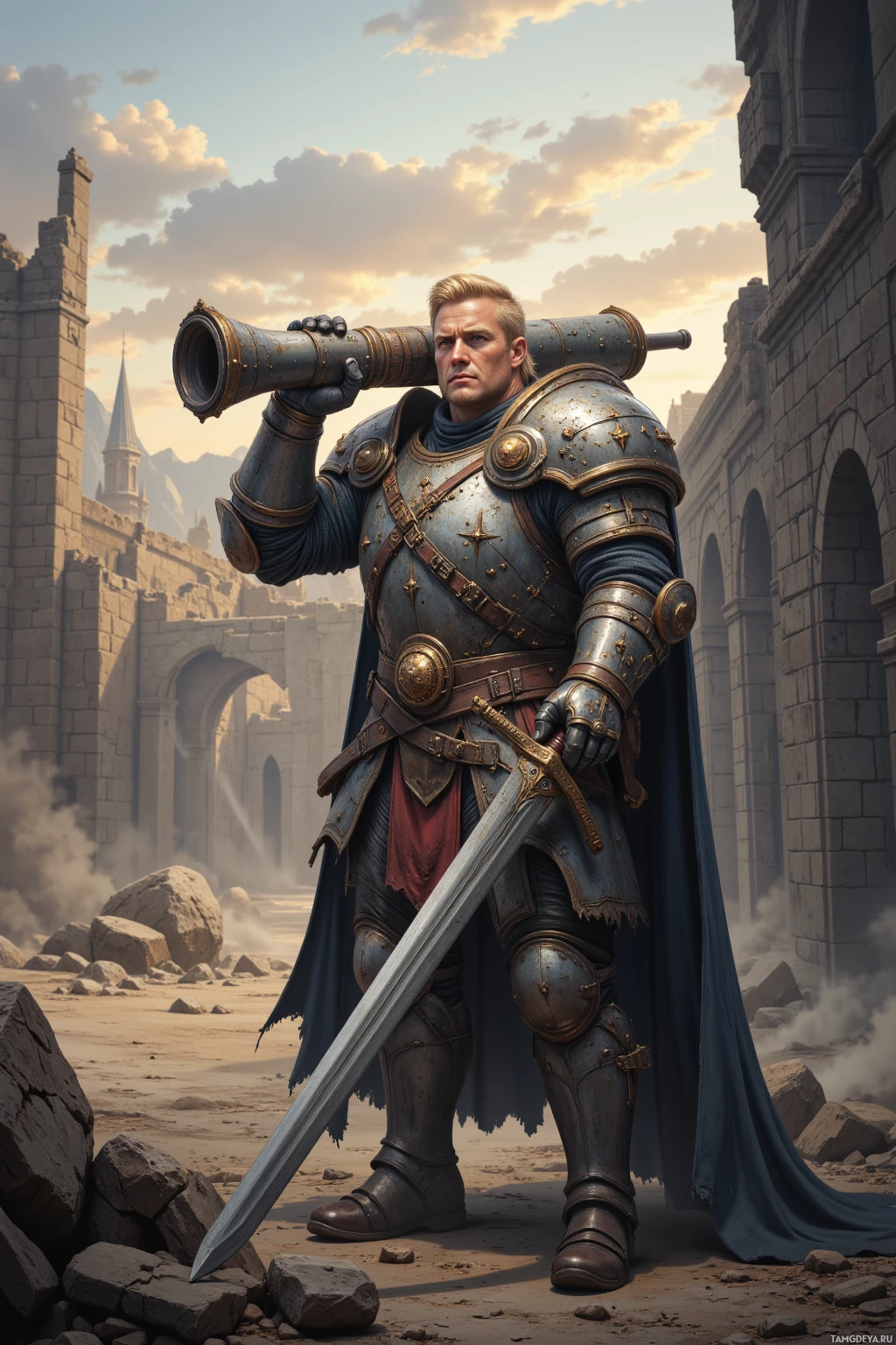A knight in armor stands in a desolate landscape, holding a sword and a large telescope.