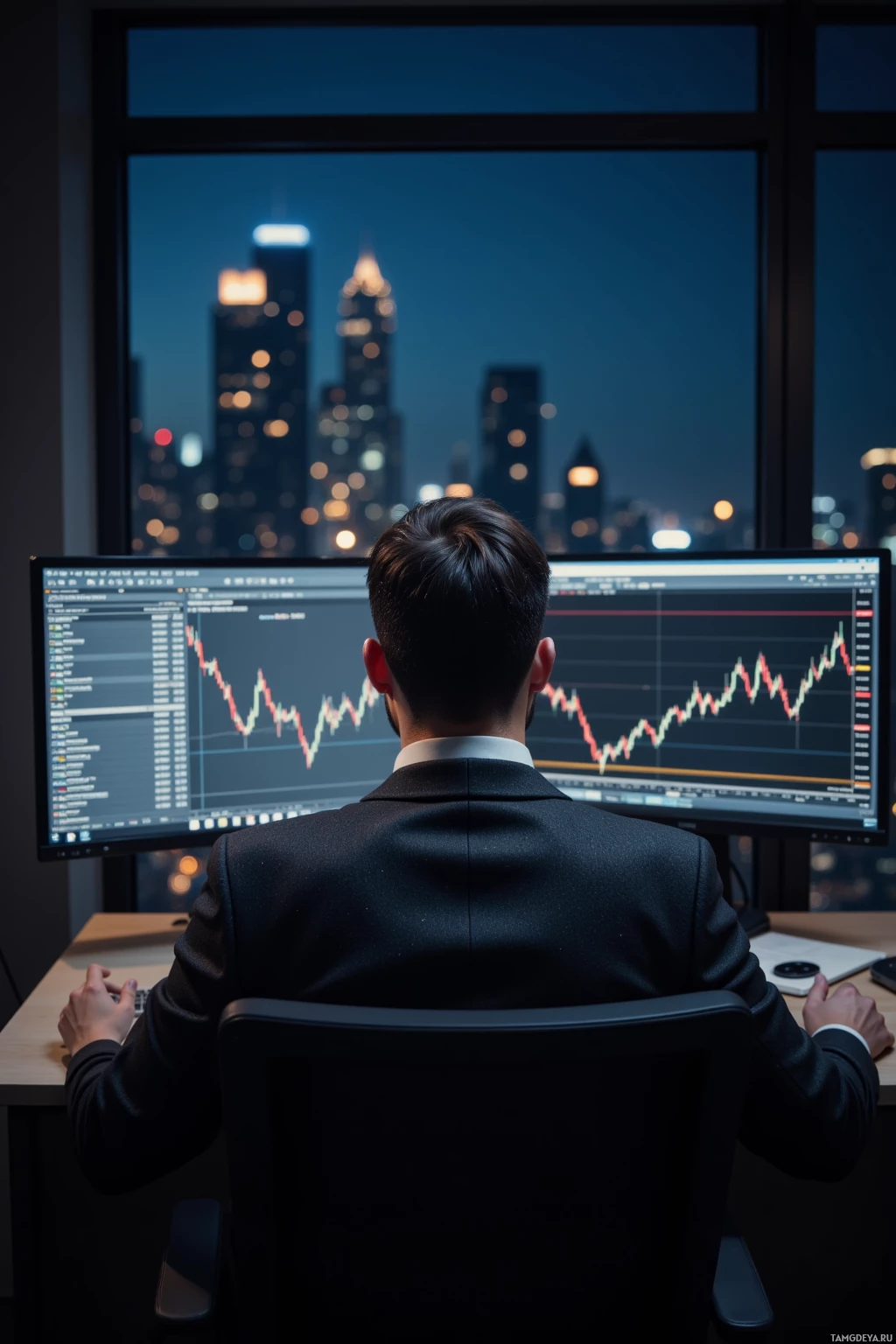 A person in a suit sits at a desk, facing a computer screen displaying financial charts, with a cityscape visible through the window behind them.