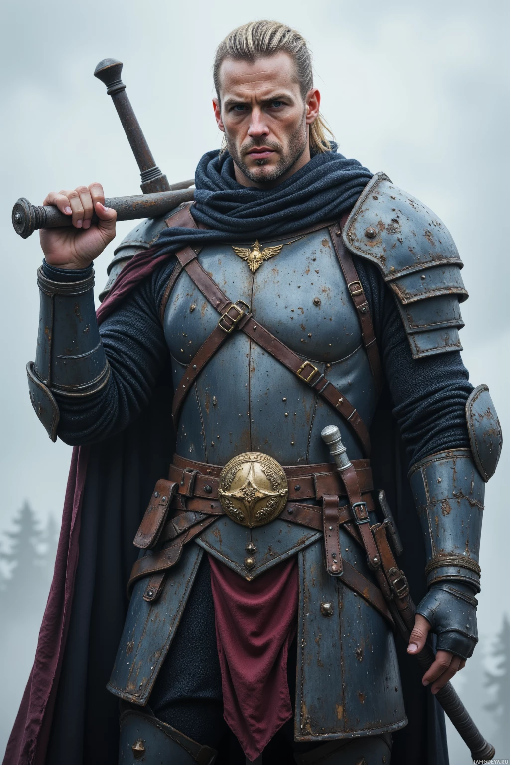 A warrior in medieval armor holds a sword, standing against a cloudy sky.