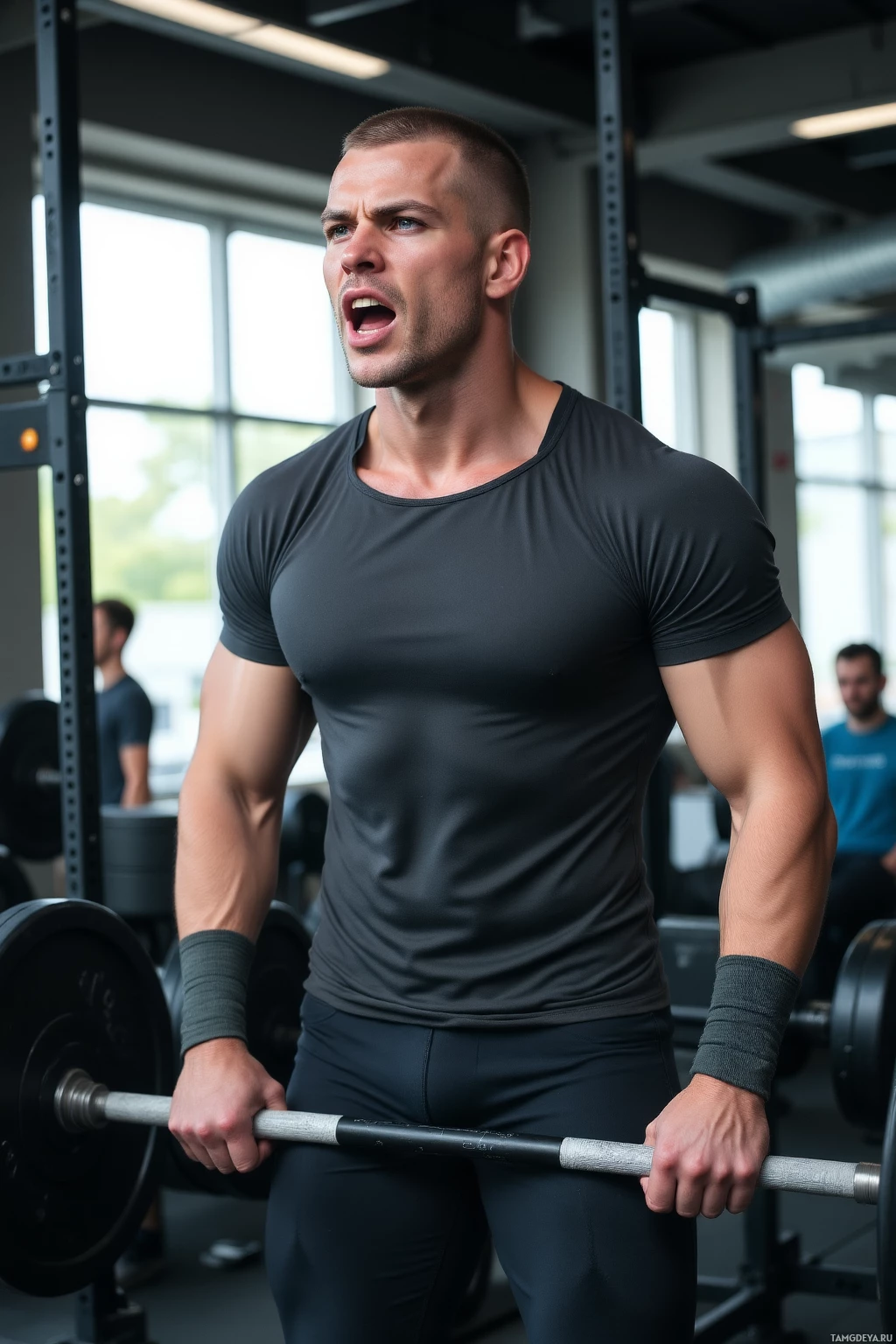 A muscular man in a gym holds a barbell.