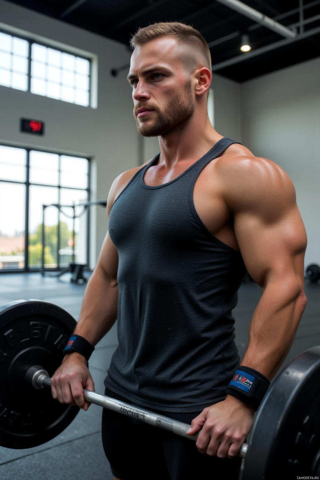 A muscular man in a gym holding a barbell.