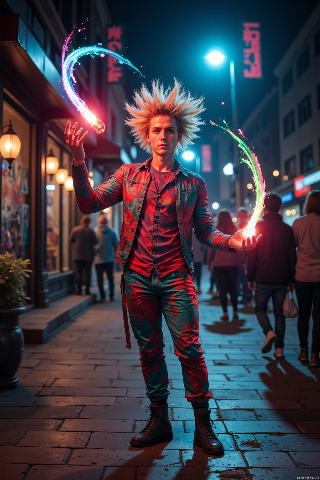 A person with spiky hair stands on a city street at night, holding a glowing object.