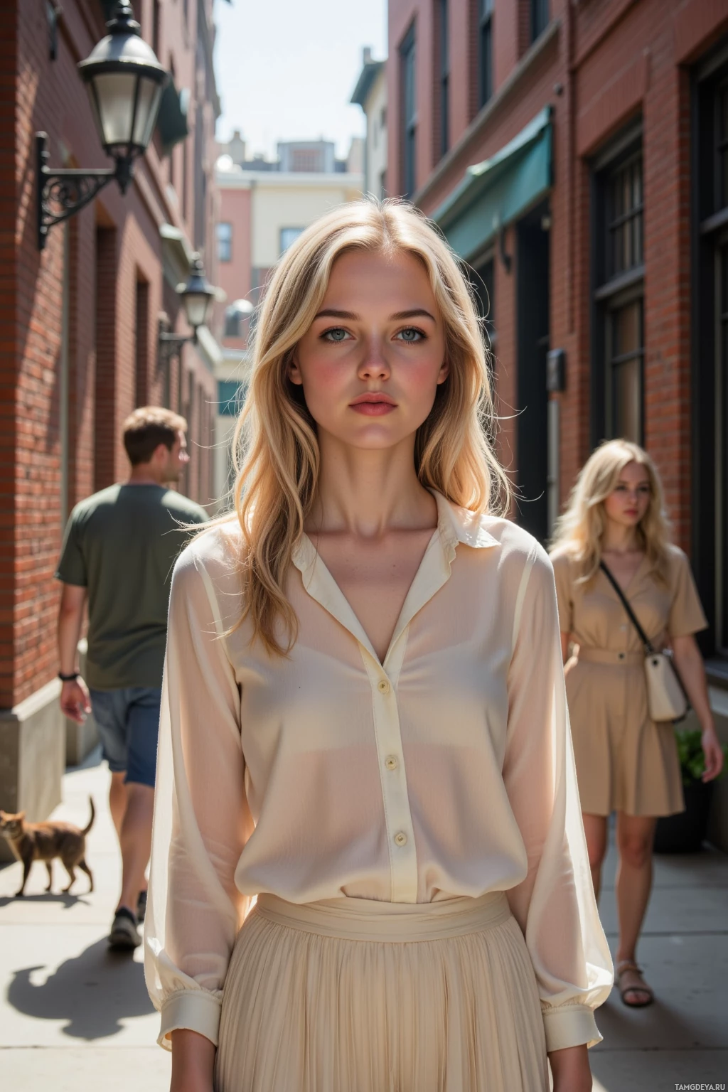 A woman in a beige blouse and skirt stands on a city street with brick buildings and pedestrians in the background.
