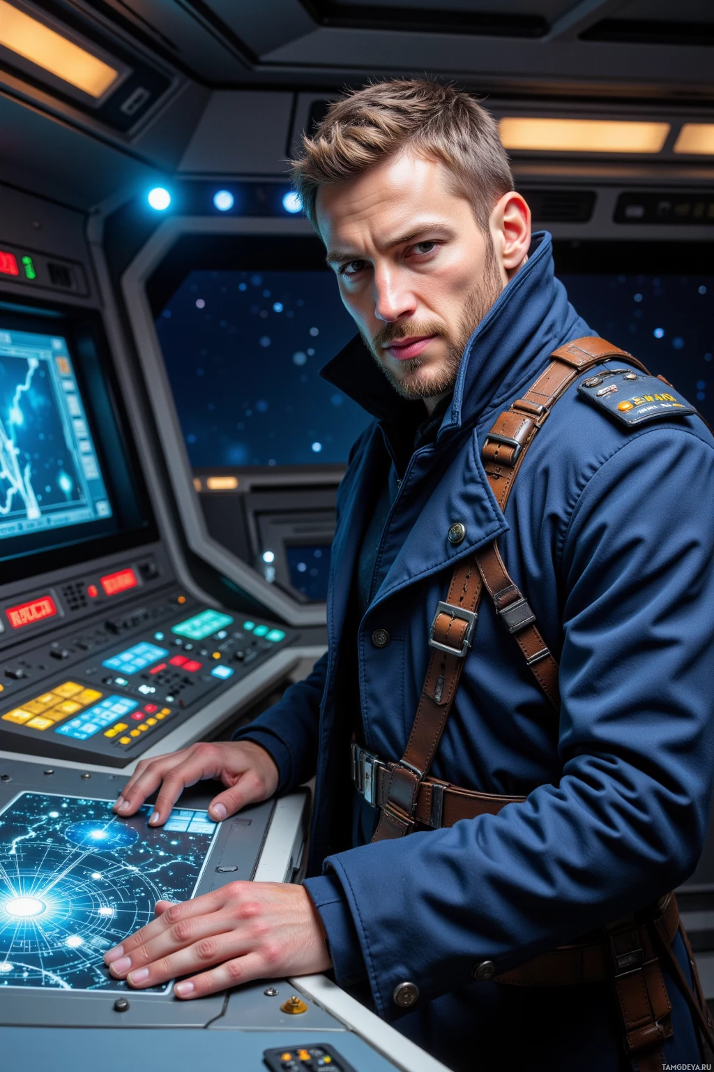 A person in a futuristic uniform stands in a high-tech control room, interacting with a complex console.