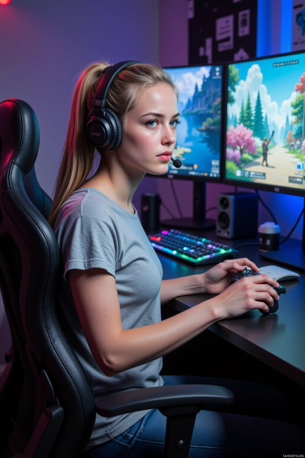 A person is seated at a gaming setup, wearing headphones and using a controller, with a monitor displaying a game in the background.