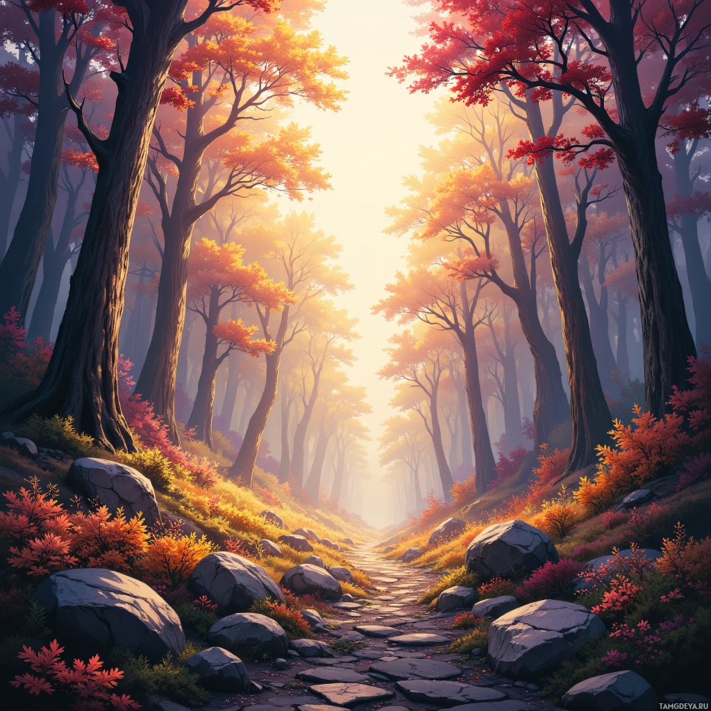 A serene forest path lined with autumn-colored trees and vibrant foliage.