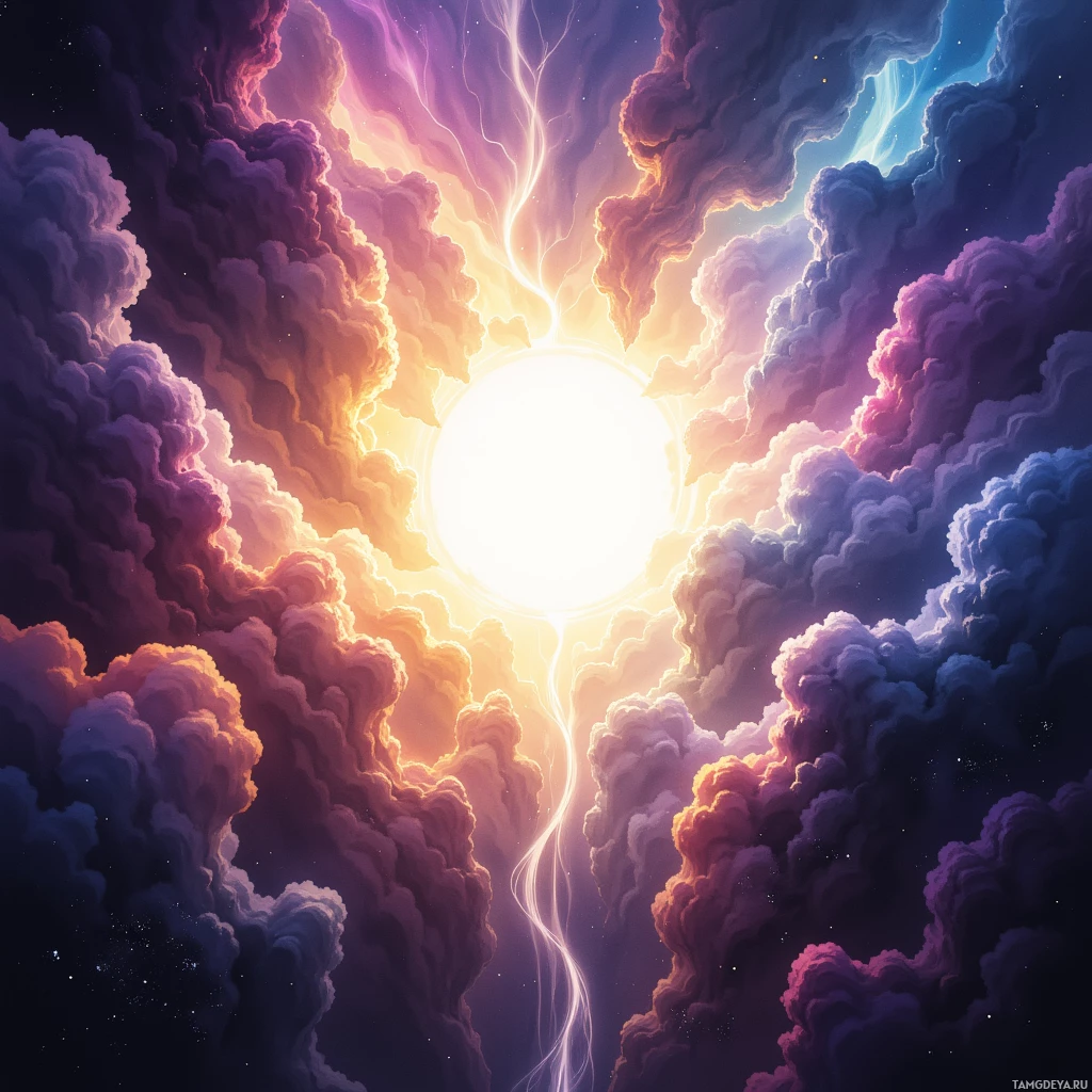 A vibrant cosmic scene with swirling clouds and a bright light source at the center.