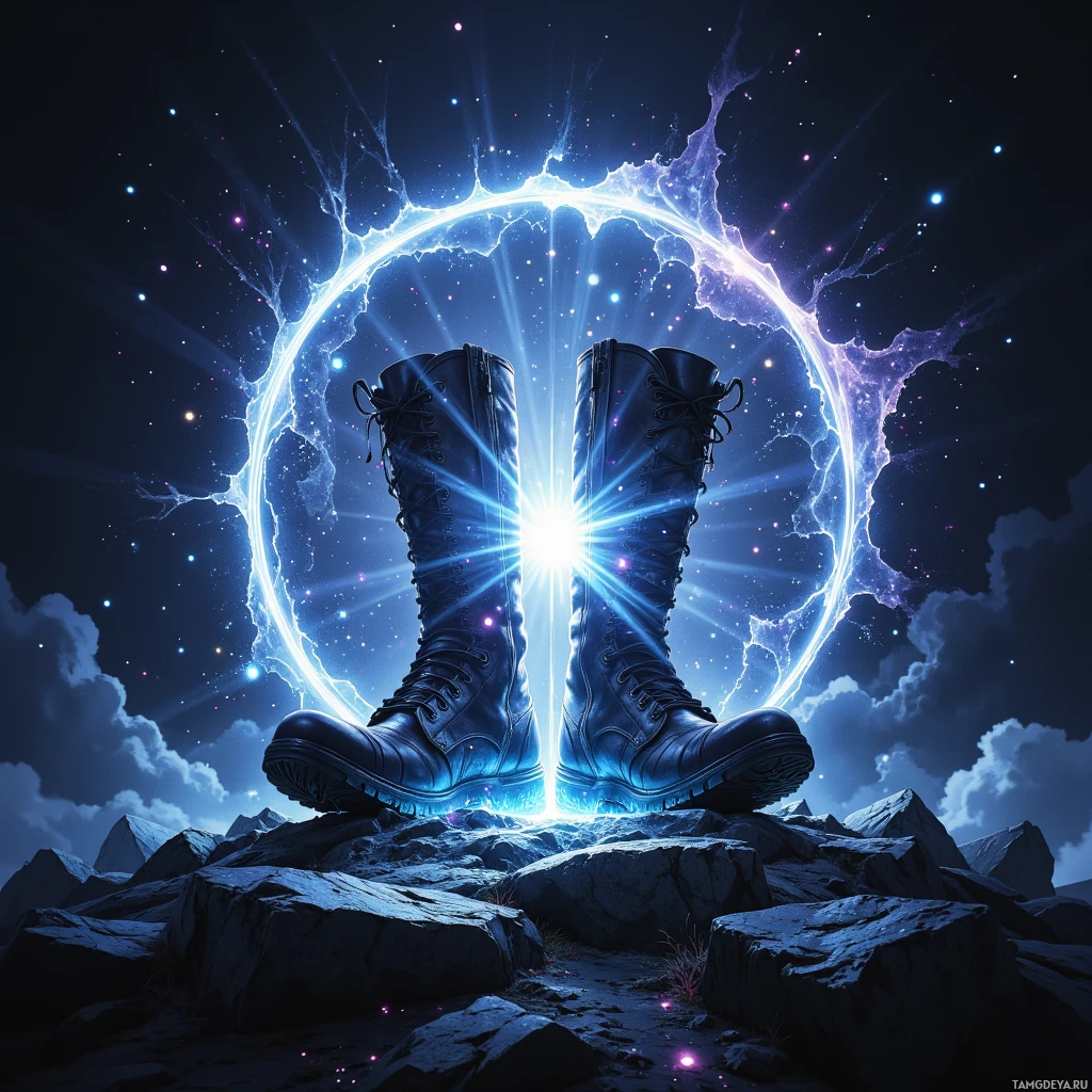A pair of boots stands on rocky terrain under a glowing, cosmic ring in the night sky.