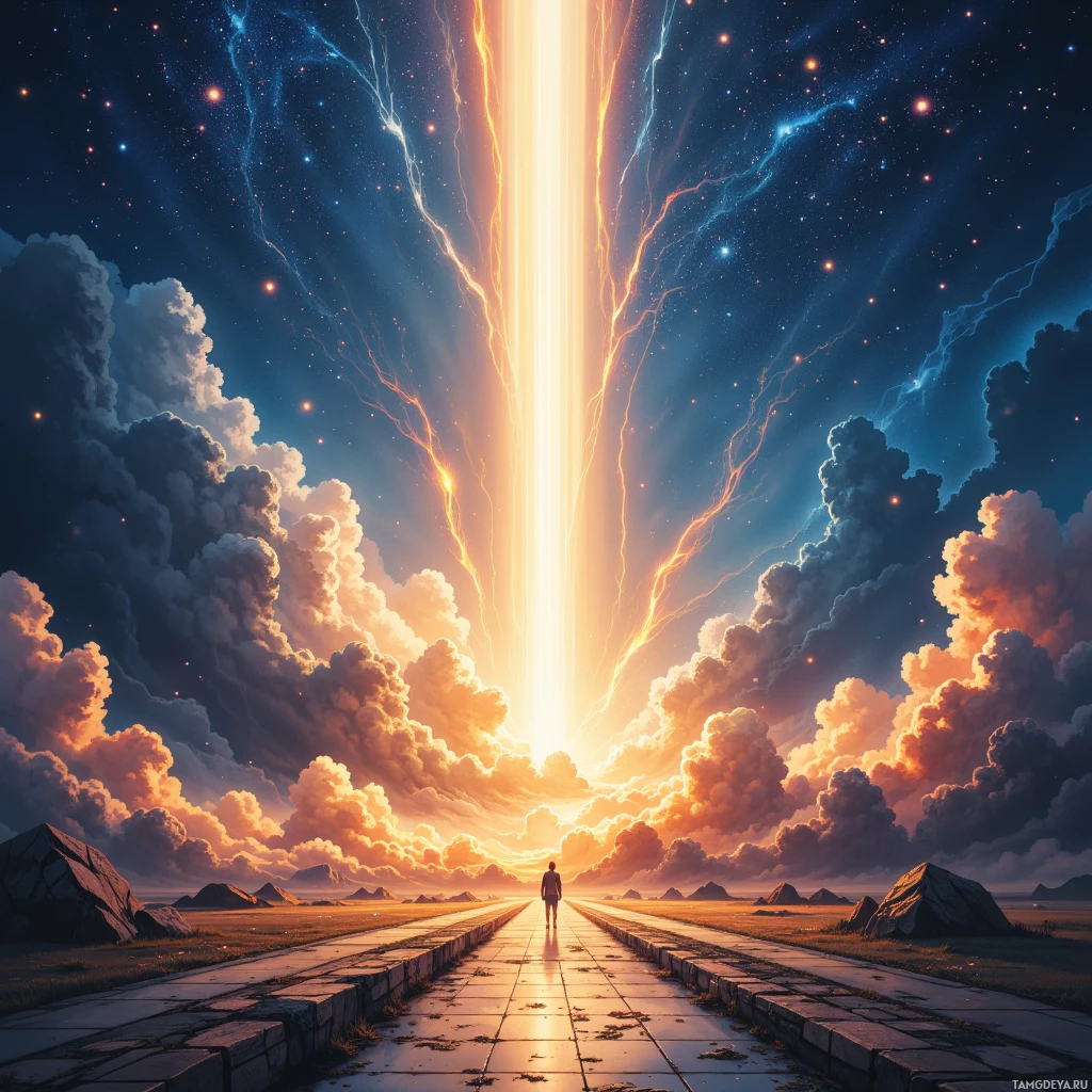 A lone figure stands at the end of a stone path leading towards a radiant light in a starry sky.