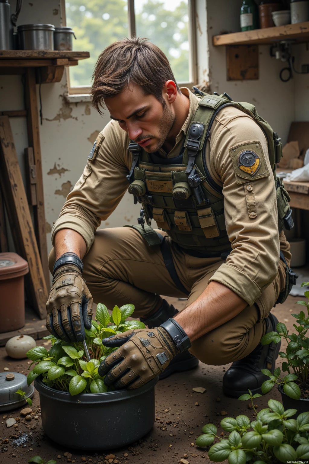 A man in tactical gear is kneeling and tending to a potted plant.