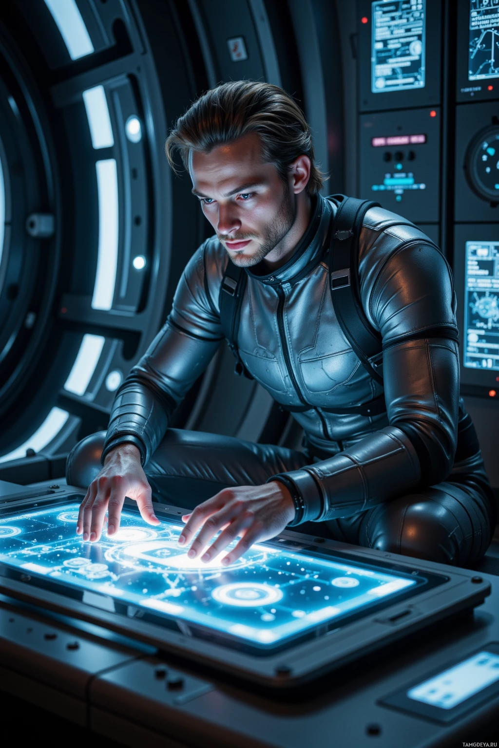 A person in a futuristic suit interacts with a glowing, high-tech interface in a sci-fi setting.