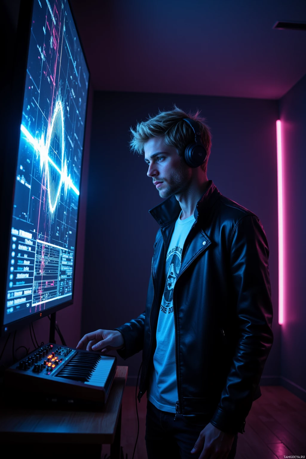 A person wearing headphones stands in a dimly lit room, interacting with a music production setup.