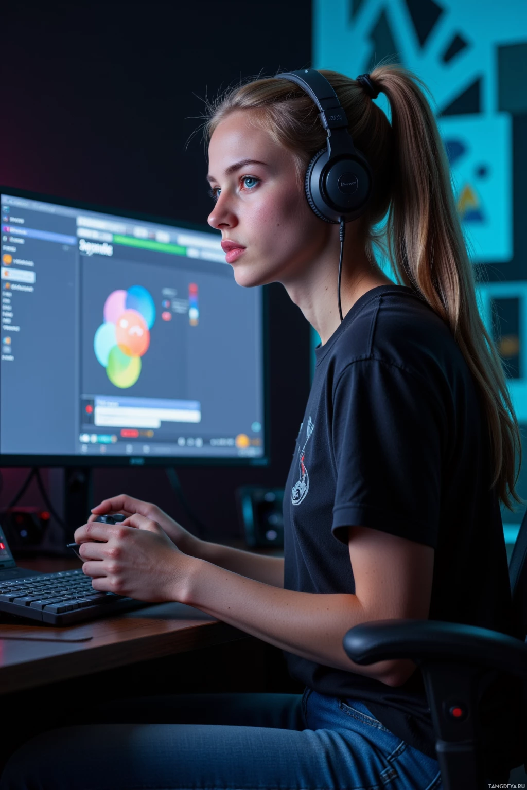 A person wearing headphones sits at a desk, working on a computer with a colorful interface displayed on the screen.