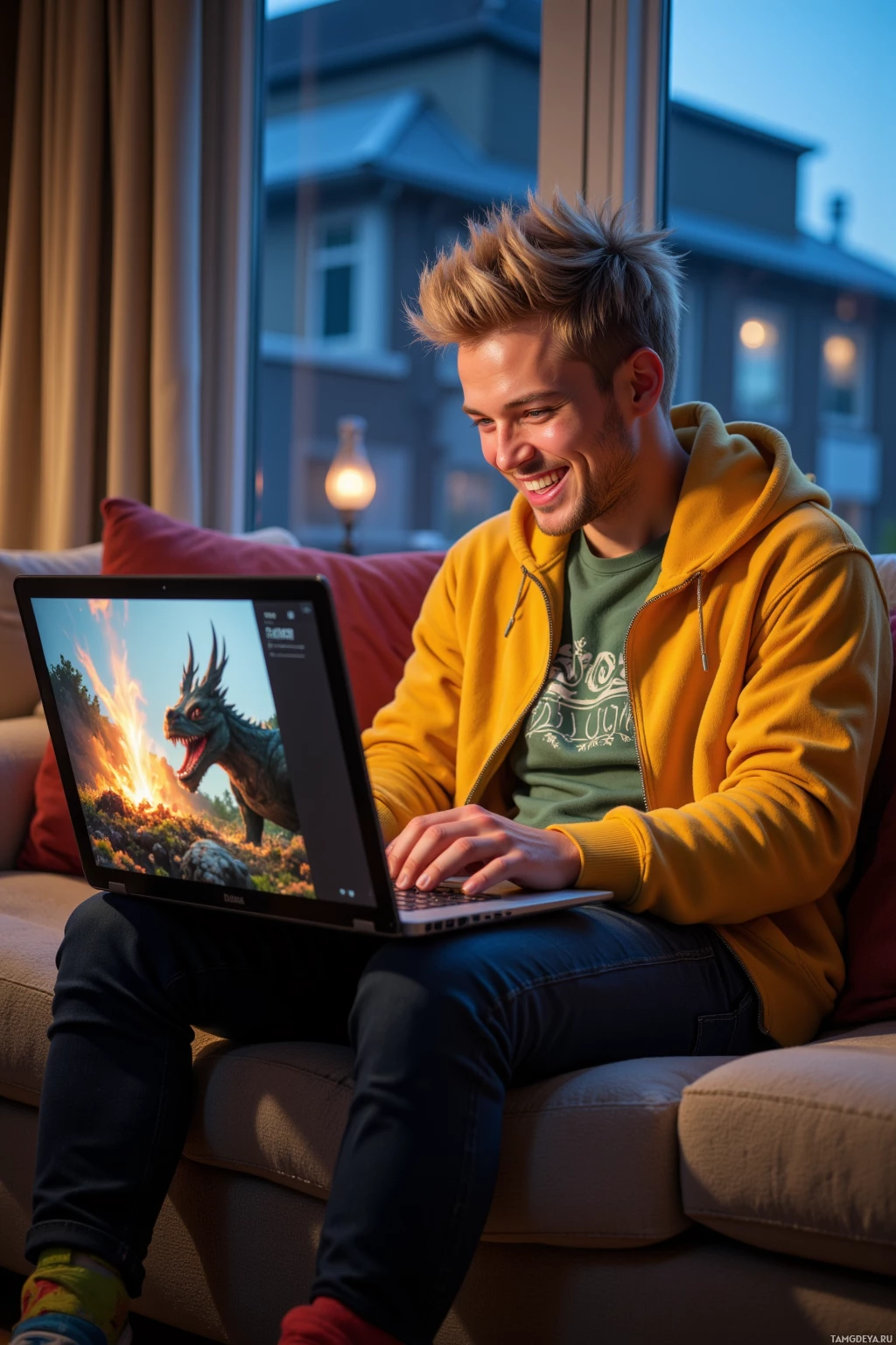 A person in a yellow hoodie sits on a couch, using a laptop with a dragon image on the screen.