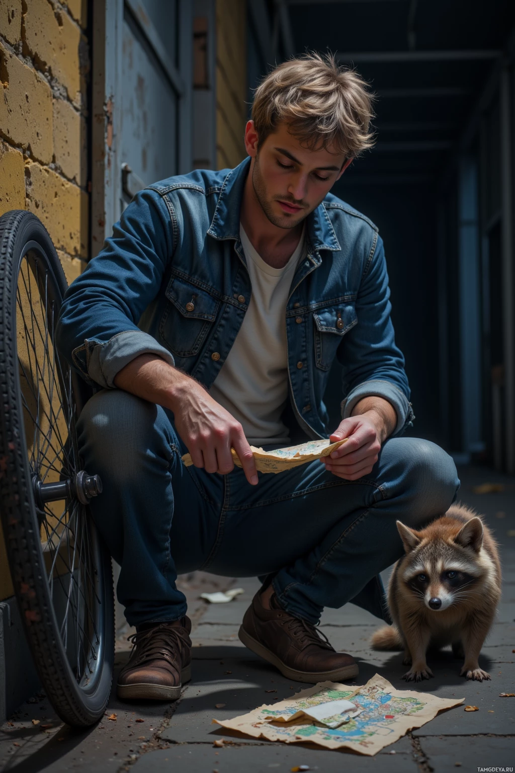 A man crouches beside a raccoon, examining a map on the ground.