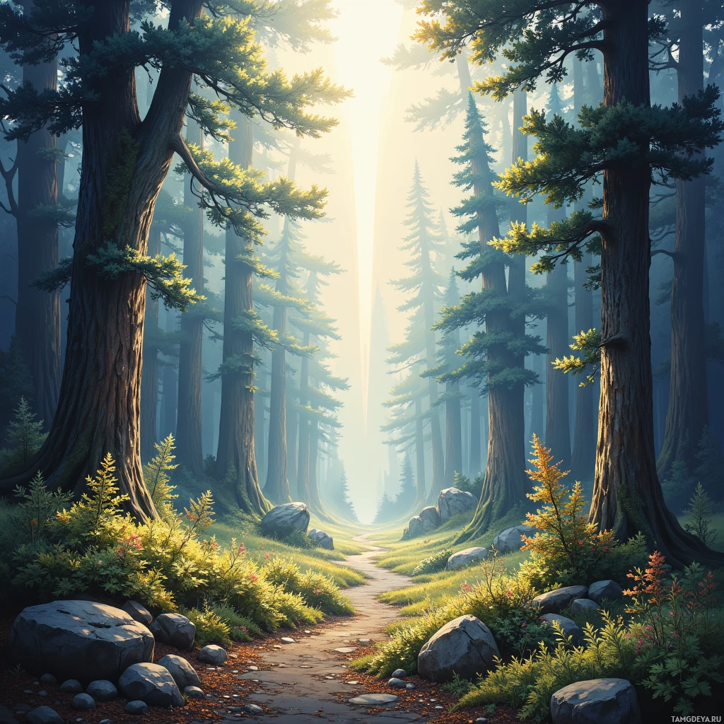 A serene forest scene with tall trees, a winding path, and soft sunlight filtering through the mist.
