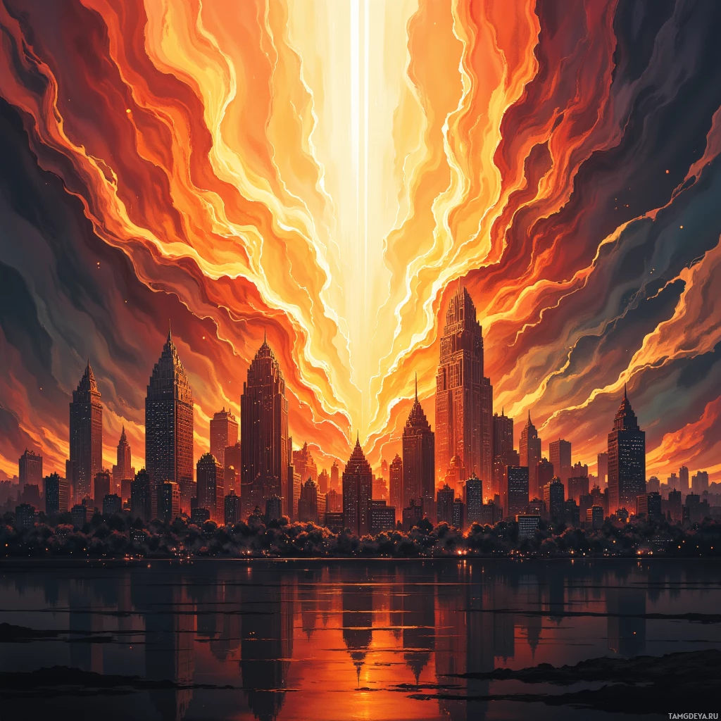 A fiery cityscape with dramatic sky and reflections in water.