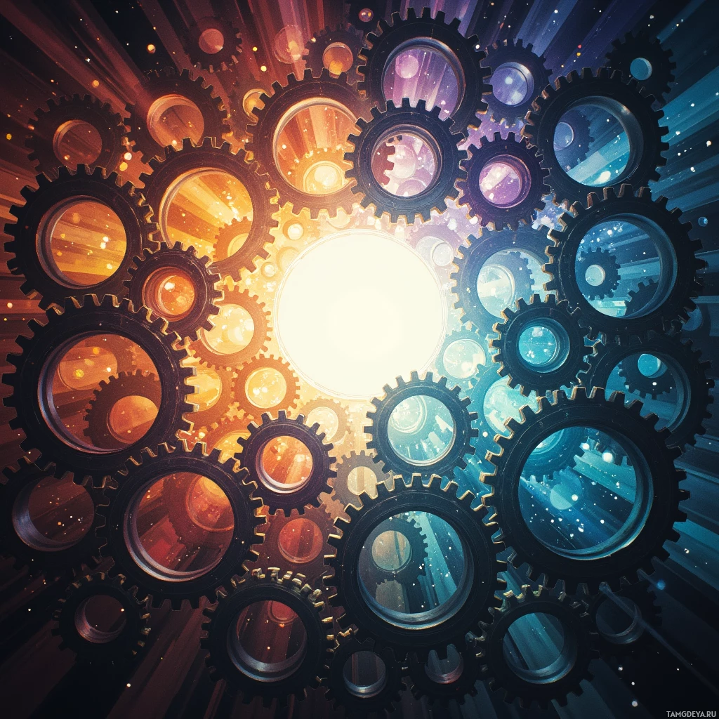 A vibrant arrangement of interlocking gears in various colors, radiating light from the center.